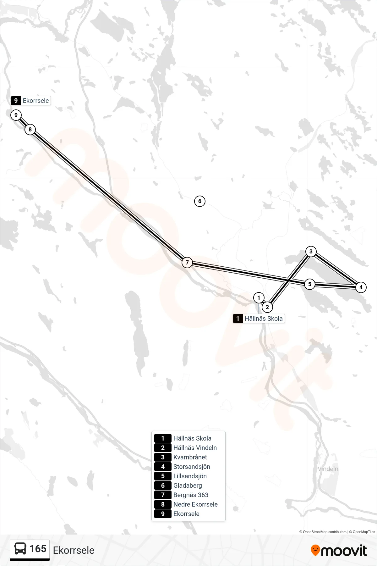Rutt och hållplatser på karta för linje 165 spårvagn, (Ekorrsele)