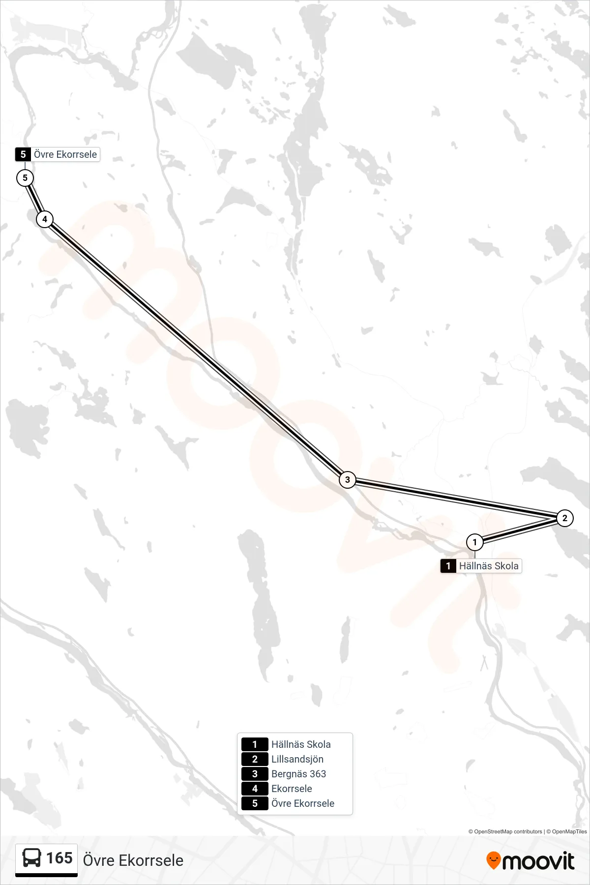 Rutt och hållplatser på karta för linje 165 spårvagn, (Övre Ekorrsele)