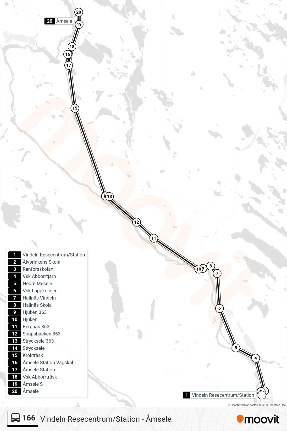 Rutt och hållplatser på karta för linje 166 spårvagn, (Åmsele)