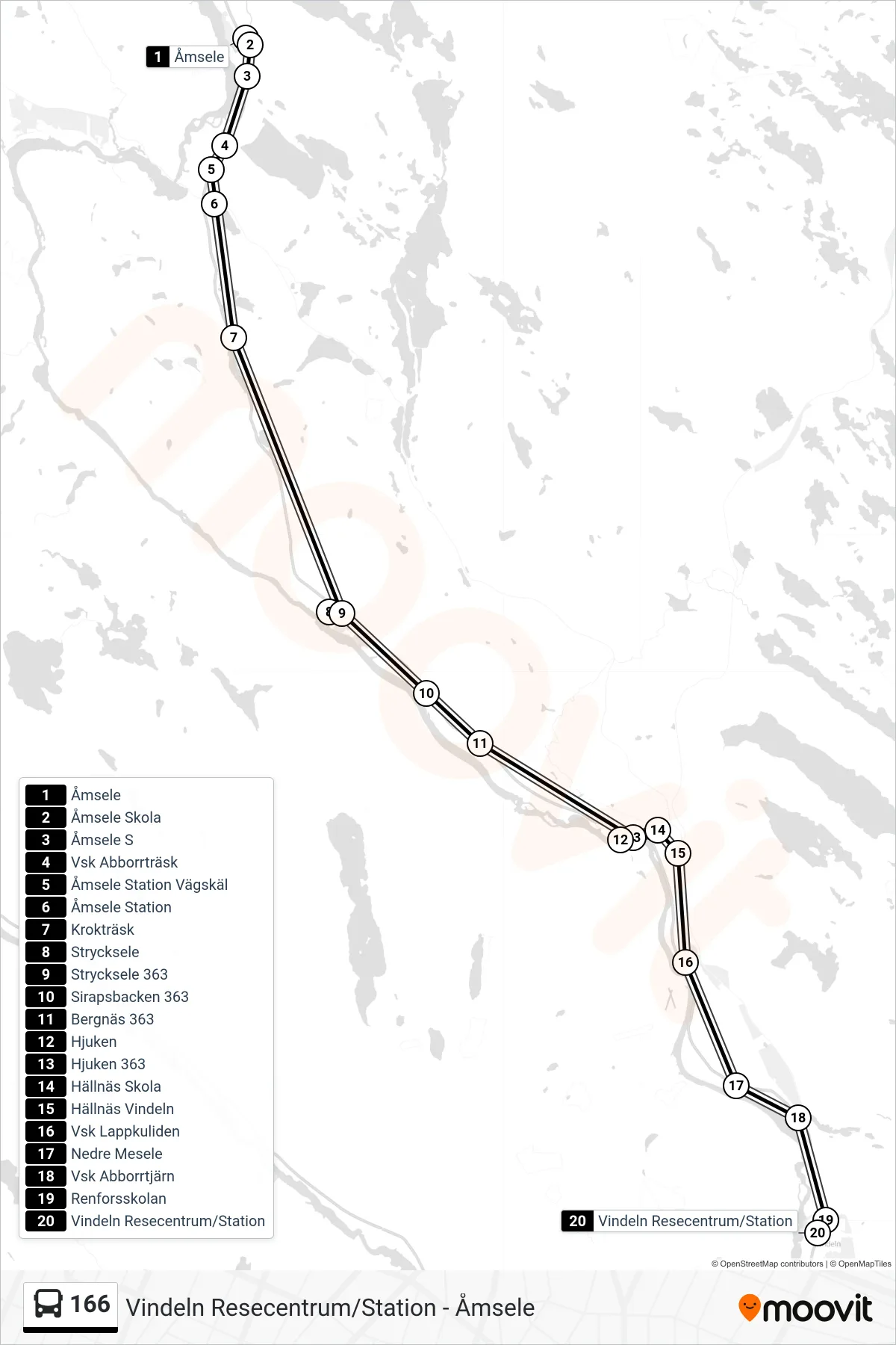 Rutt och hållplatser på karta för linje 166 spårvagn, (Vindeln Resecentrum/Station)