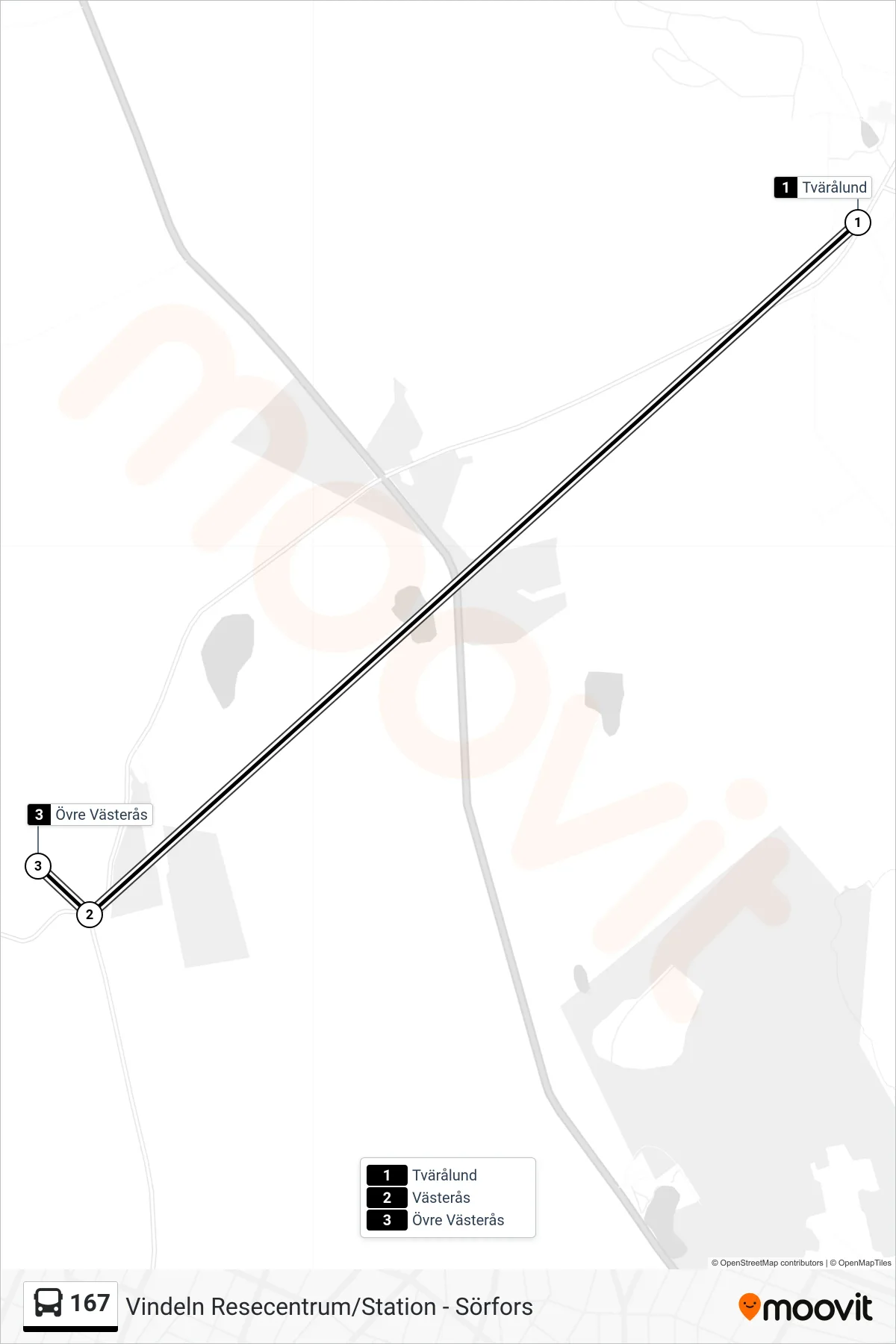 Rutt och hållplatser på karta för linje 167 spårvagn, (Övre Västerås)