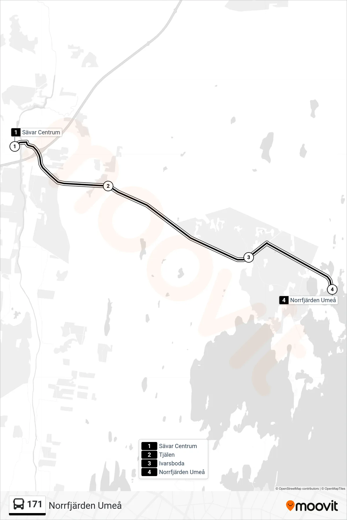 Rutt och hållplatser på karta för linje 171 spårvagn, (Norrfjärden Umeå)