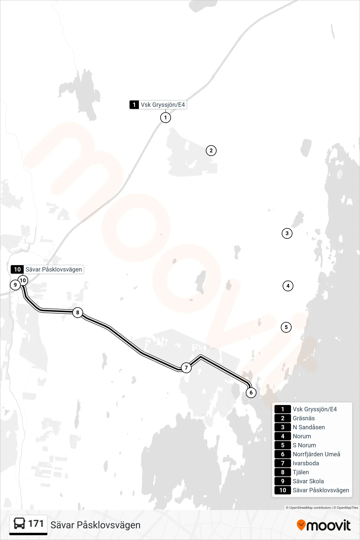 Rutt och hållplatser på karta för linje 171 spårvagn, (Sävar Påsklovsvägen)