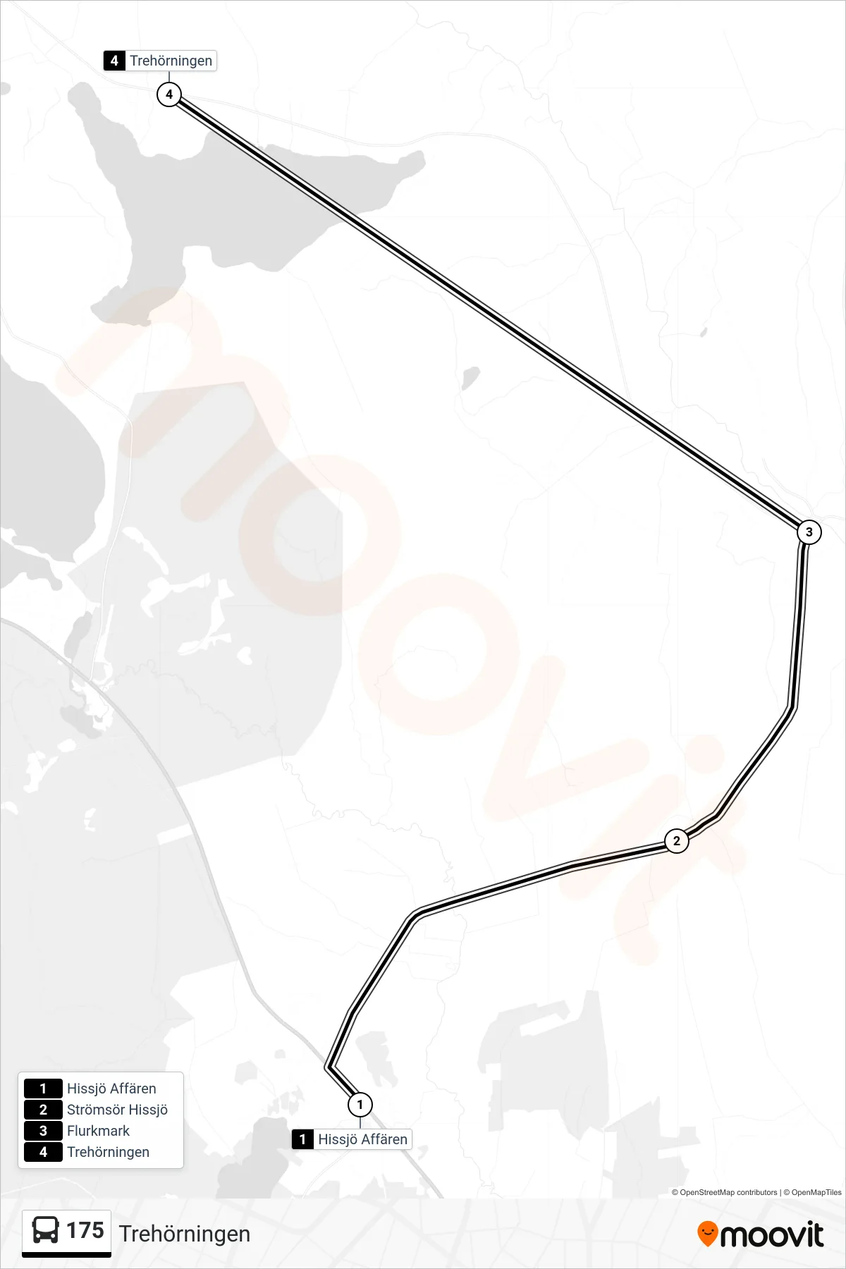 Rutt och hållplatser på karta för linje 175  spårvagn, (Trehörningen)