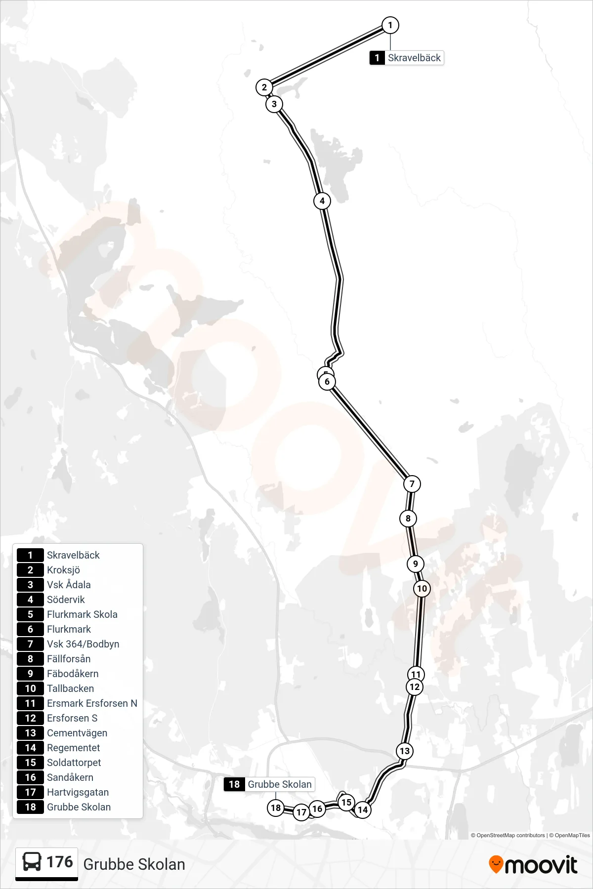 Rutt och hållplatser på karta för linje 176 spårvagn, (Grubbe Skolan)