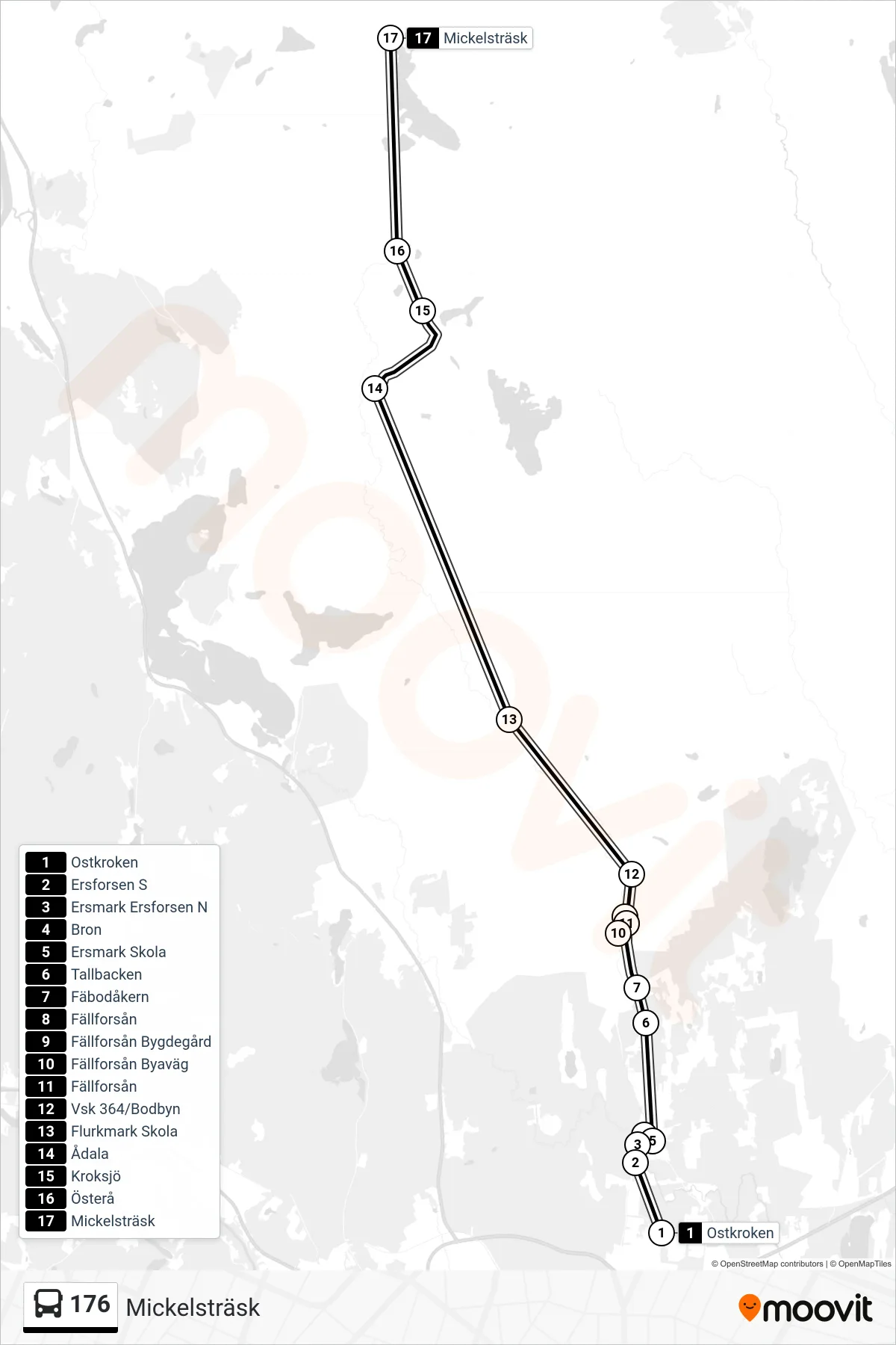 Rutt och hållplatser på karta för linje 176  spårvagn, (Mickelsträsk)