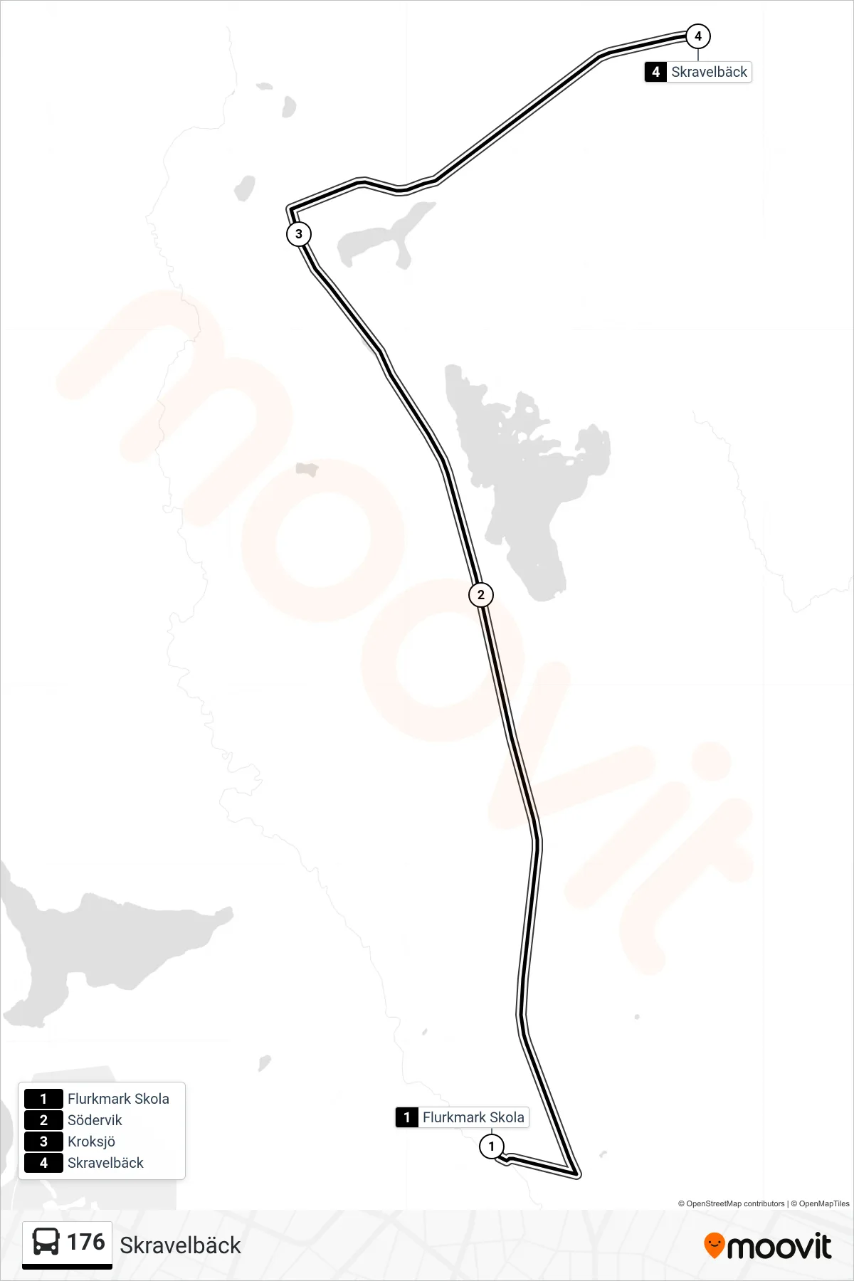 Rutt och hållplatser på karta för linje 176  spårvagn, (Skravelbäck)
