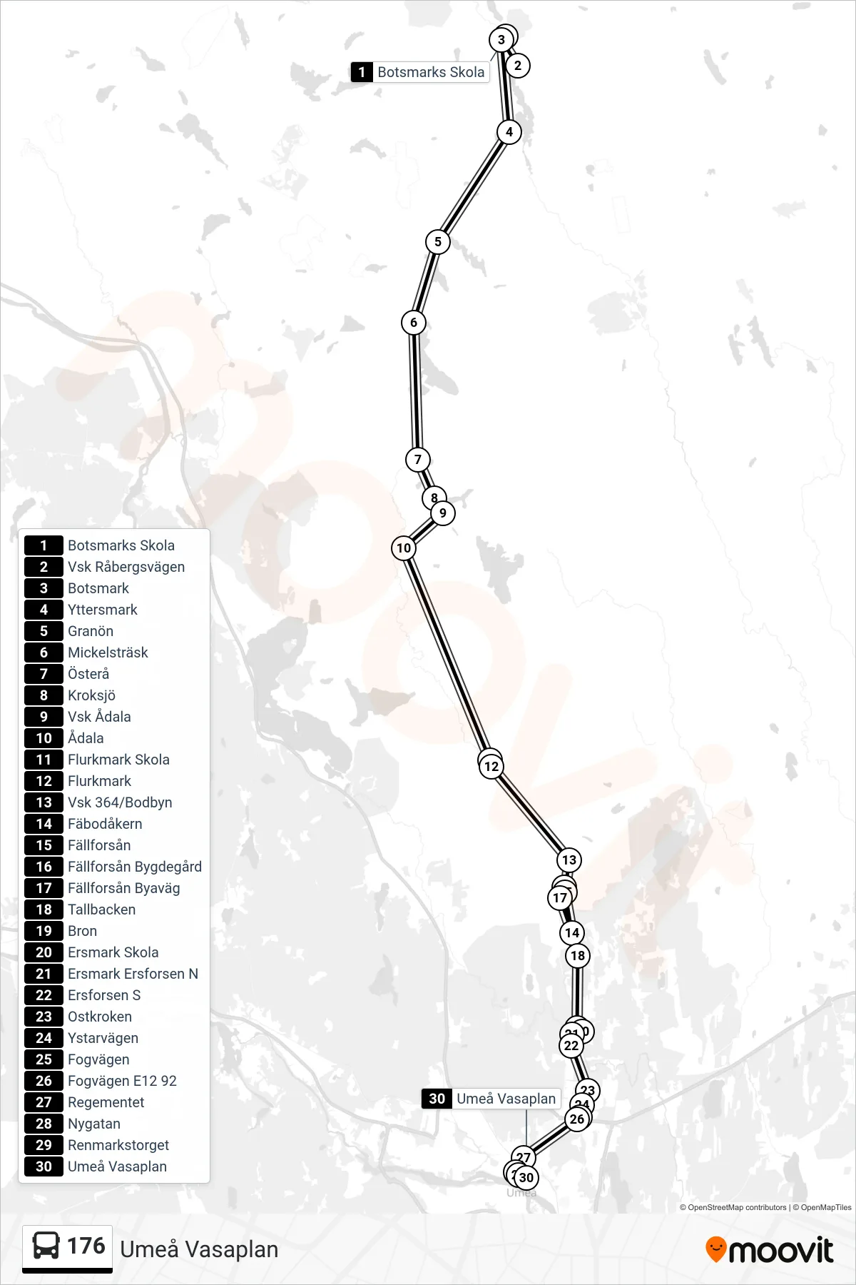 Rutt och hållplatser på karta för linje 176 spårvagn, (Umeå Vasaplan)