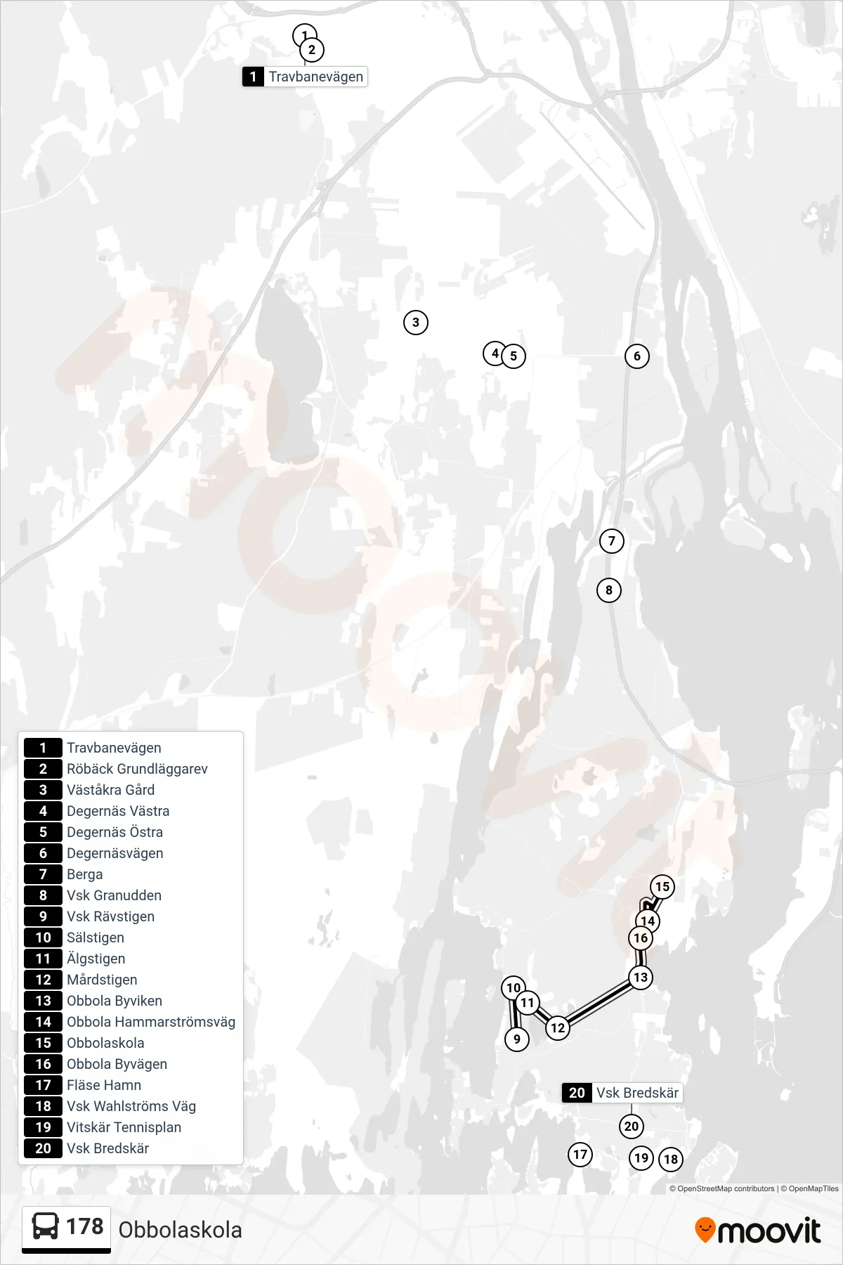 Rutt och hållplatser på karta för linje 178 spårvagn, (Obbolaskola)