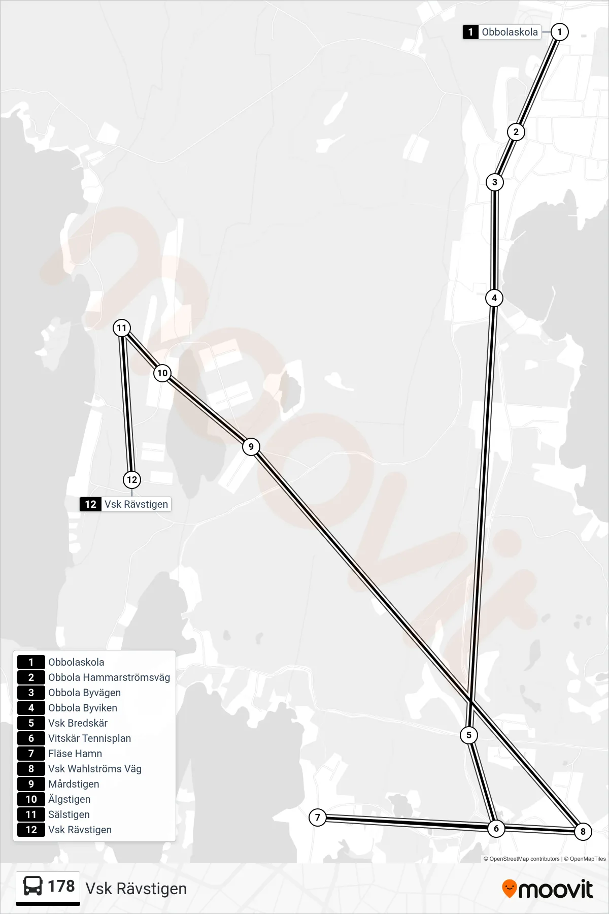 Rutt och hållplatser på karta för linje 178  spårvagn, (Vsk Rävstigen)