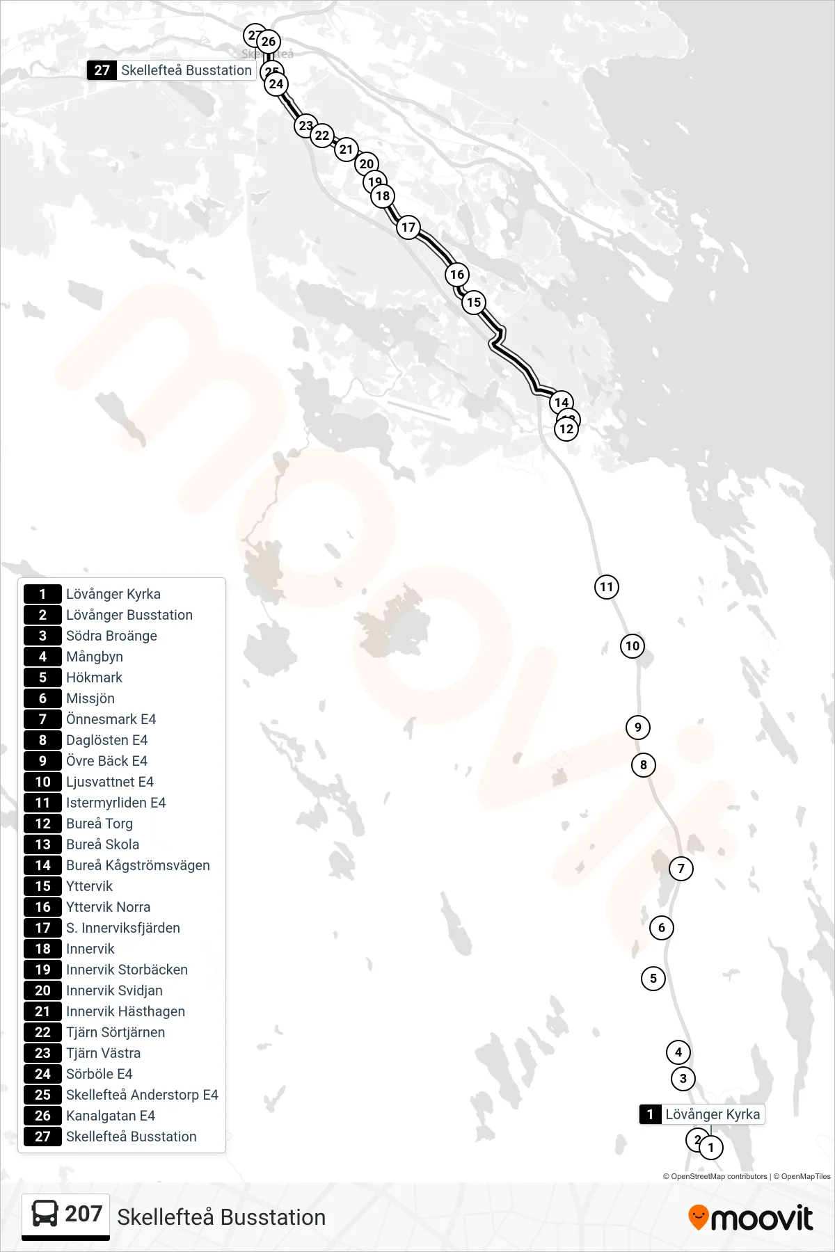 Rutt och hållplatser på karta för linje 207  spårvagn, (Skellefteå Busstation)