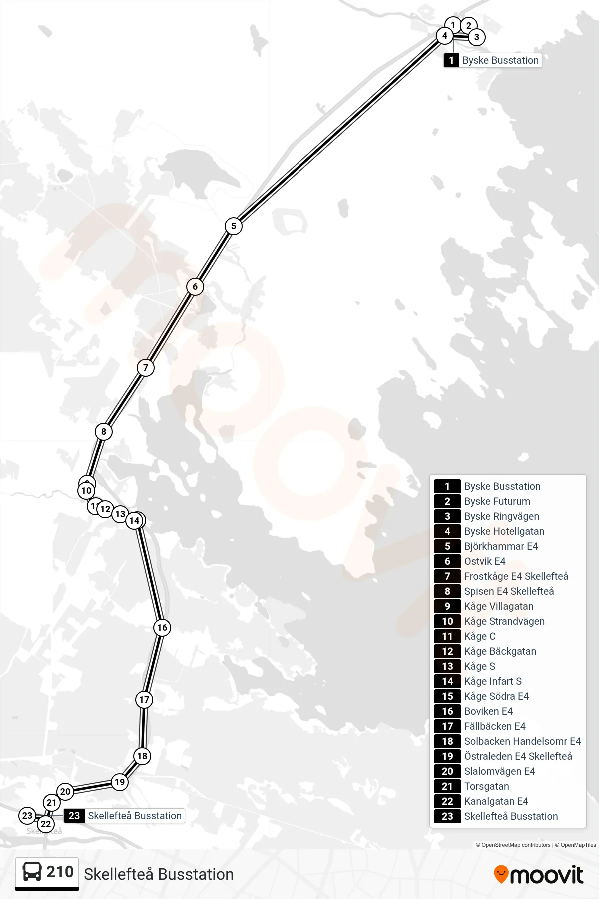 Rutt och hållplatser på karta för linje 210 spårvagn, (Skellefteå Busstation)