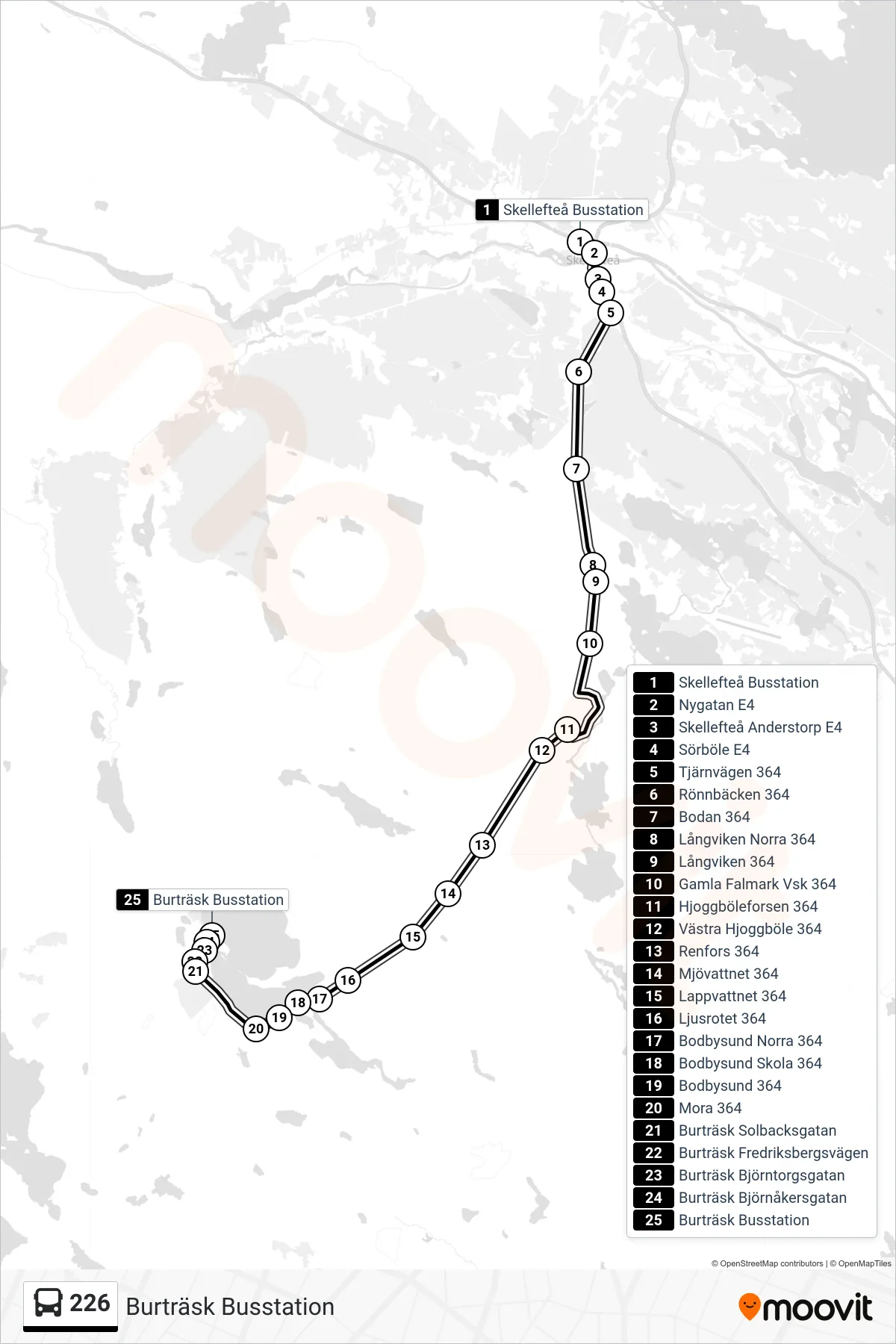 Rutt och hållplatser på karta för linje 226 spårvagn, (Burträsk Busstation)