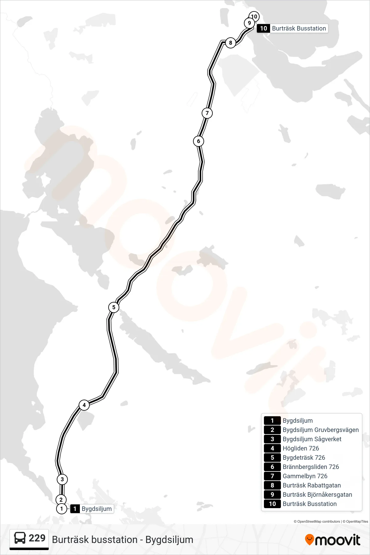 Rutt och hållplatser på karta för linje 229  spårvagn, (Burträsk Busstation)