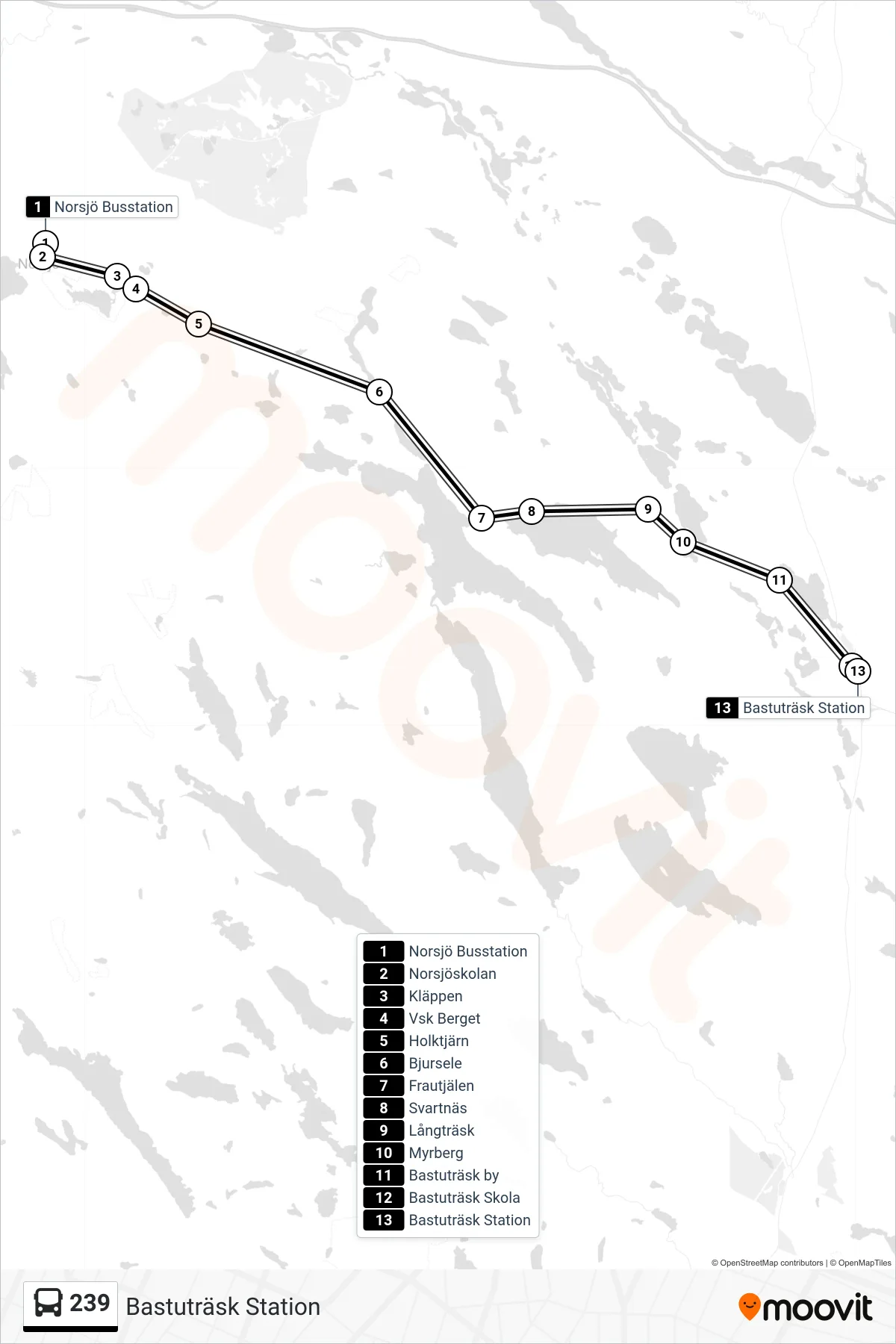 Rutt och hållplatser på karta för linje 239  spårvagn, (Bastuträsk Station)