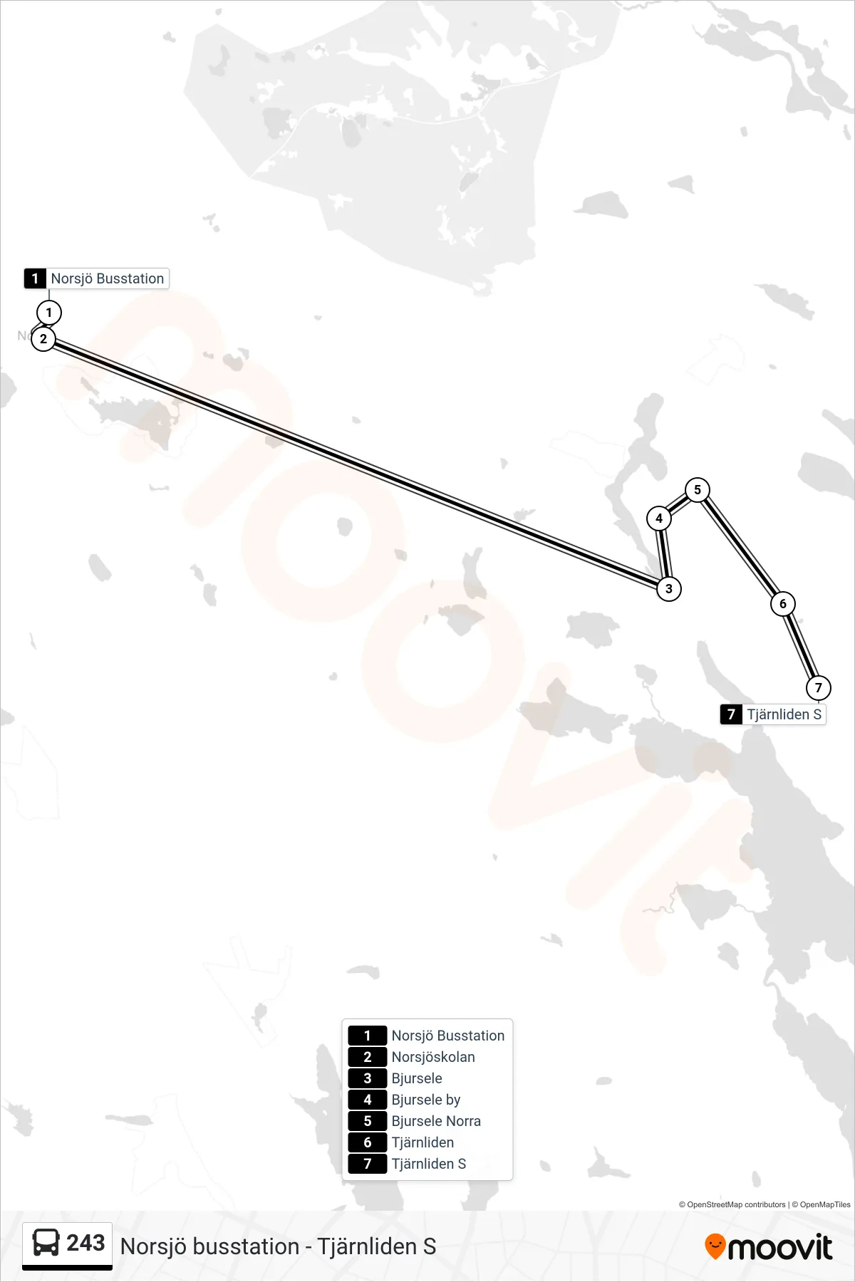 Rutt och hållplatser på karta för linje 243  spårvagn, (Tjärnliden S)