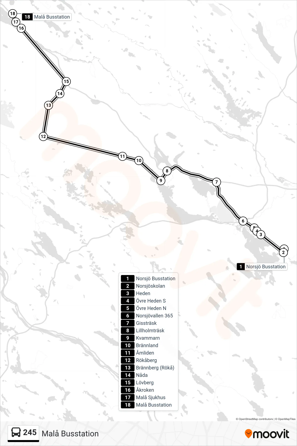 Rutt och hållplatser på karta för linje 245  spårvagn, (Malå Busstation)