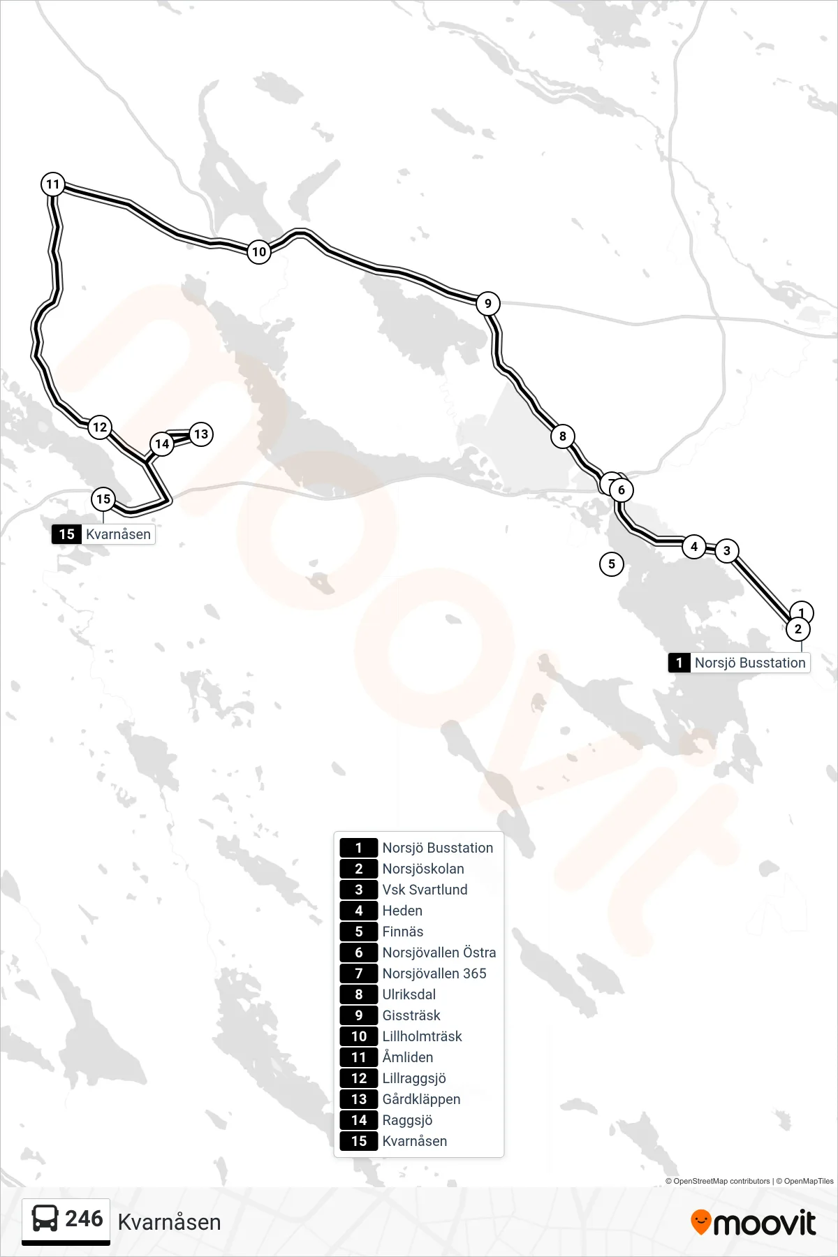 Rutt och hållplatser på karta för linje 246  spårvagn, (Kvarnåsen)