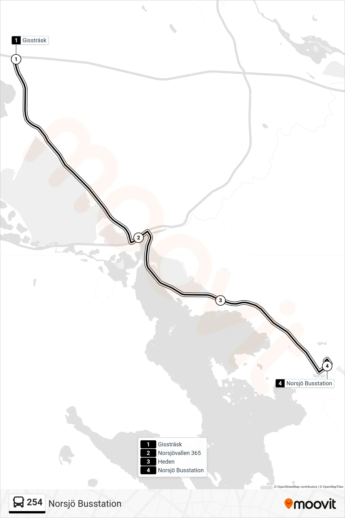 Rutt och hållplatser på karta för linje 254 spårvagn, (Norsjö Busstation)