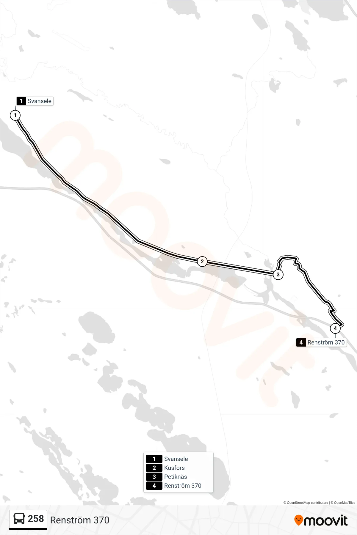 Rutt och hållplatser på karta för linje 258 spårvagn, (Renström 370)