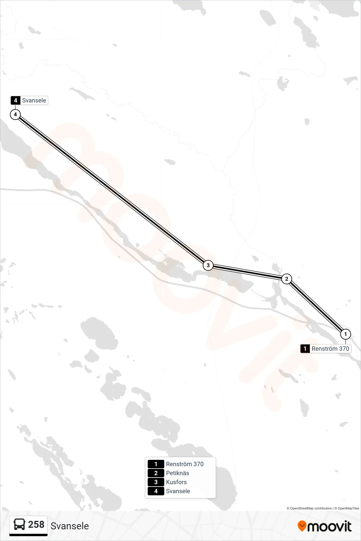 Rutt och hållplatser på karta för linje 258  spårvagn, (Svansele)
