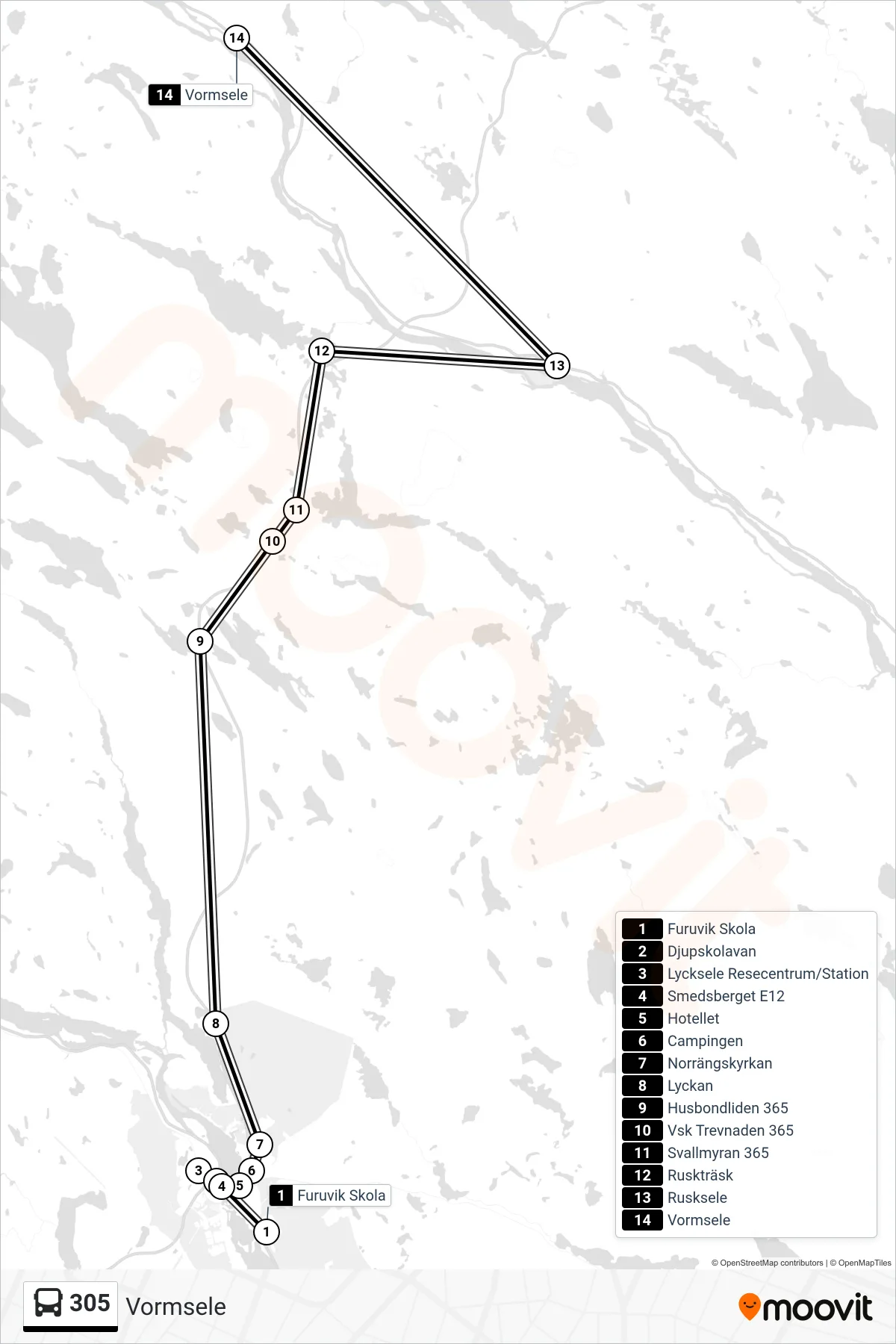 Rutt och hållplatser på karta för linje 305 spårvagn, (Vormsele)