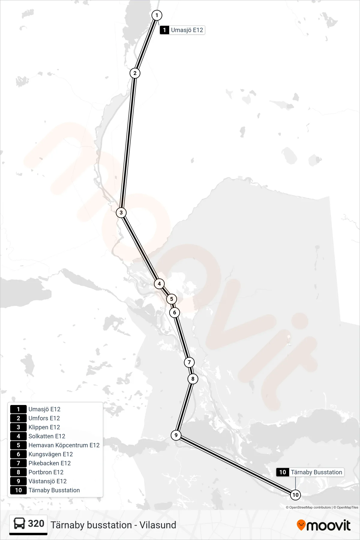 Rutt och hållplatser på karta för linje 320 spårvagn, (Tärnaby Busstation)