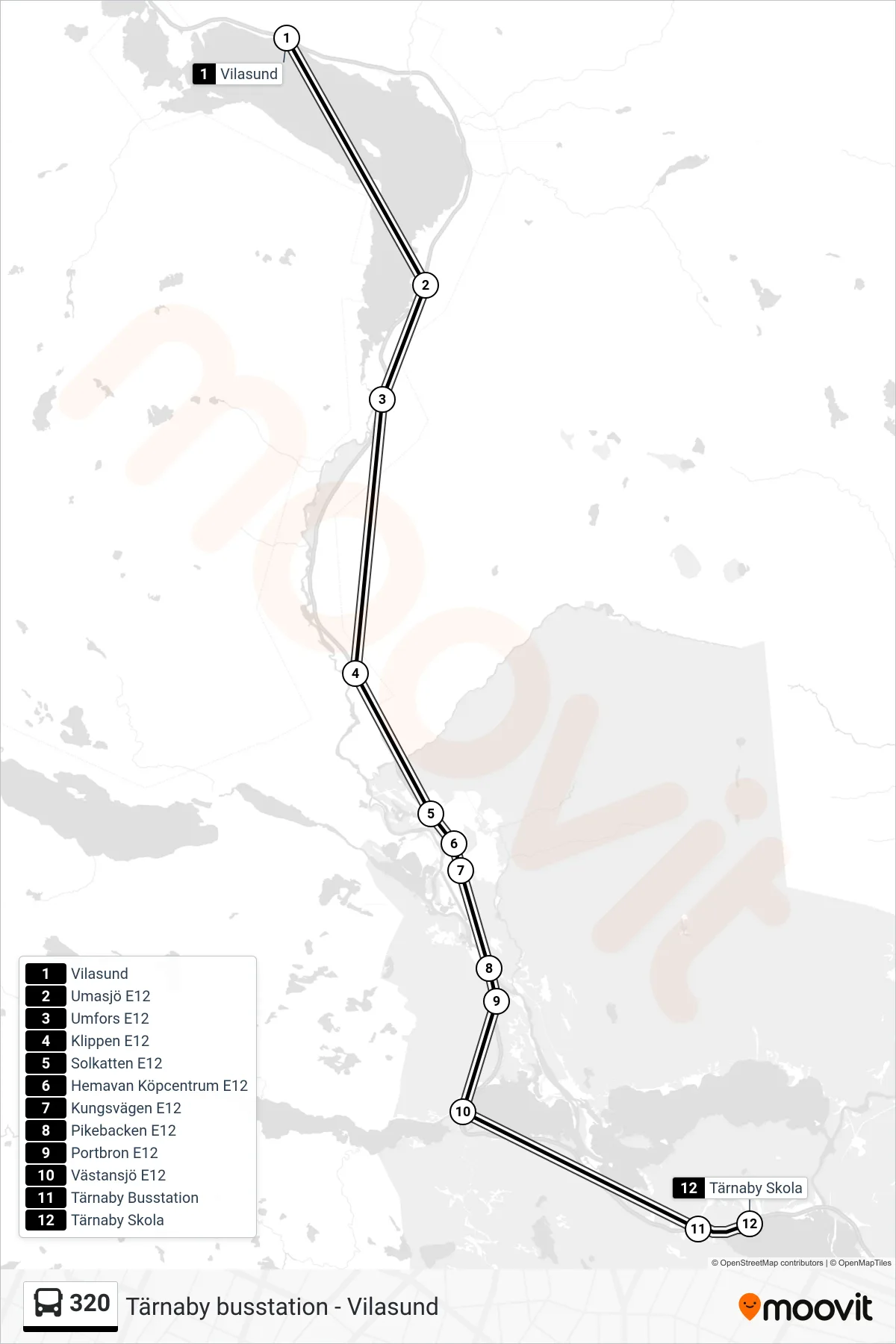 Rutt och hållplatser på karta för linje 320 spårvagn, (Tärnaby Skola)