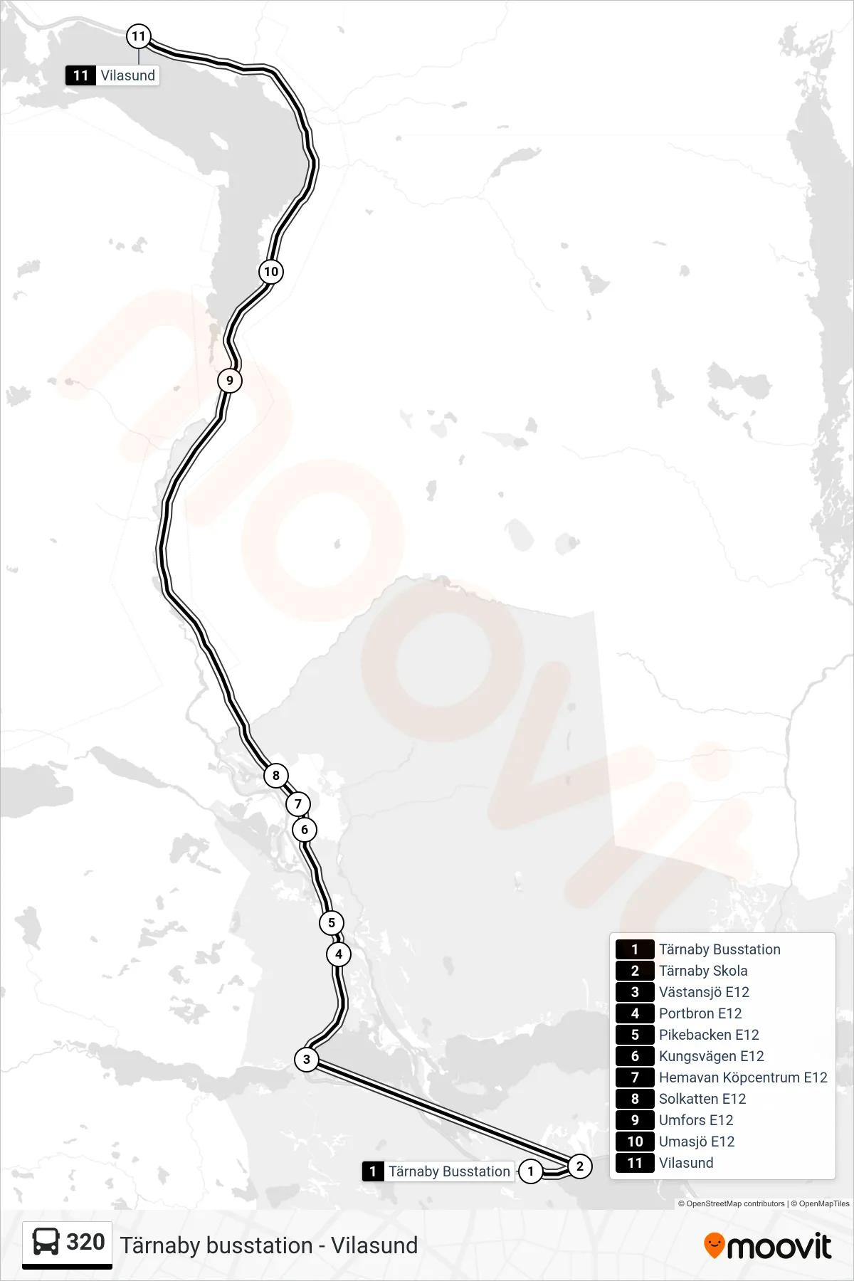 Rutt och hållplatser på karta för linje 320 spårvagn, (Vilasund)