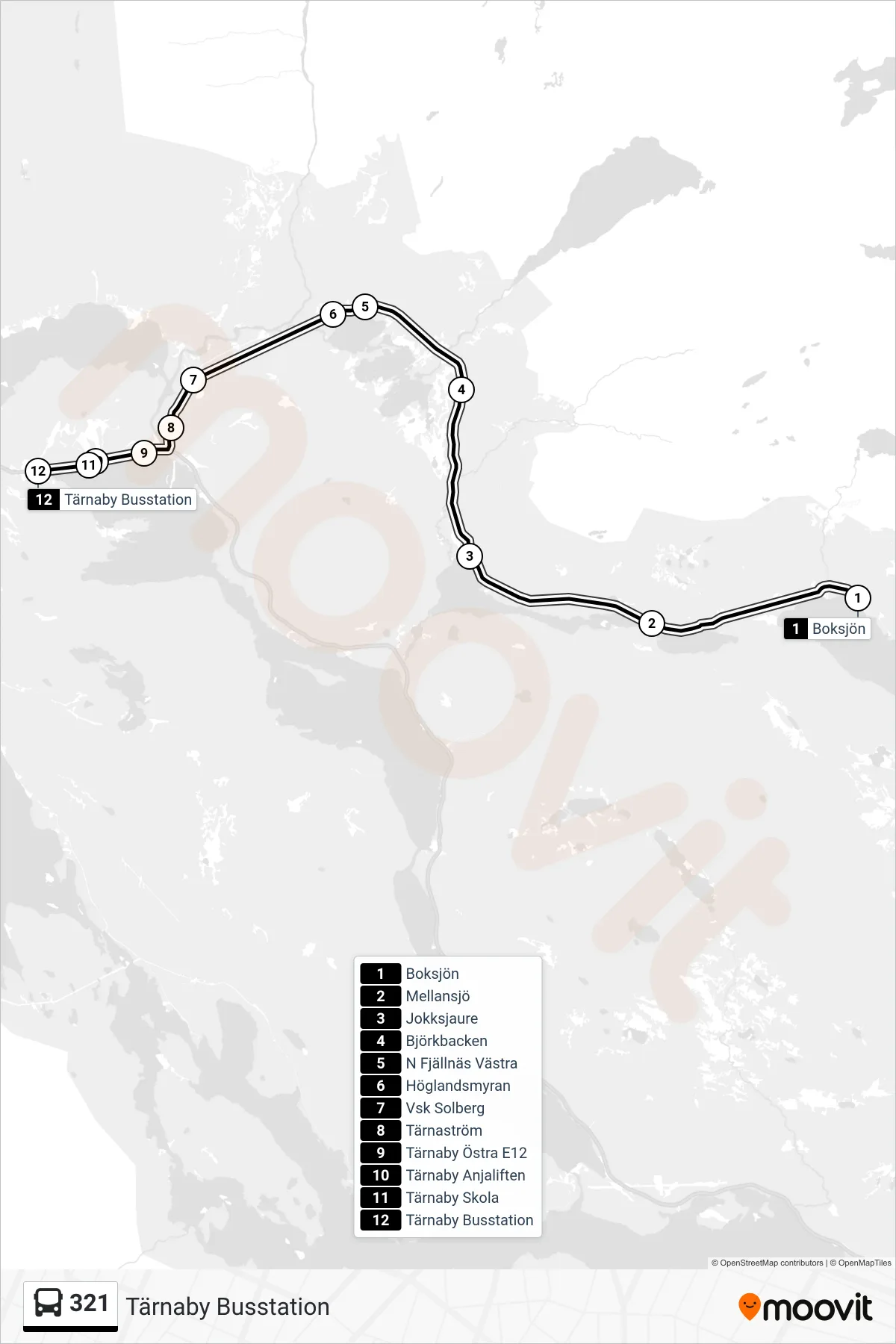 Rutt och hållplatser på karta för linje 321 spårvagn, (Tärnaby Busstation)