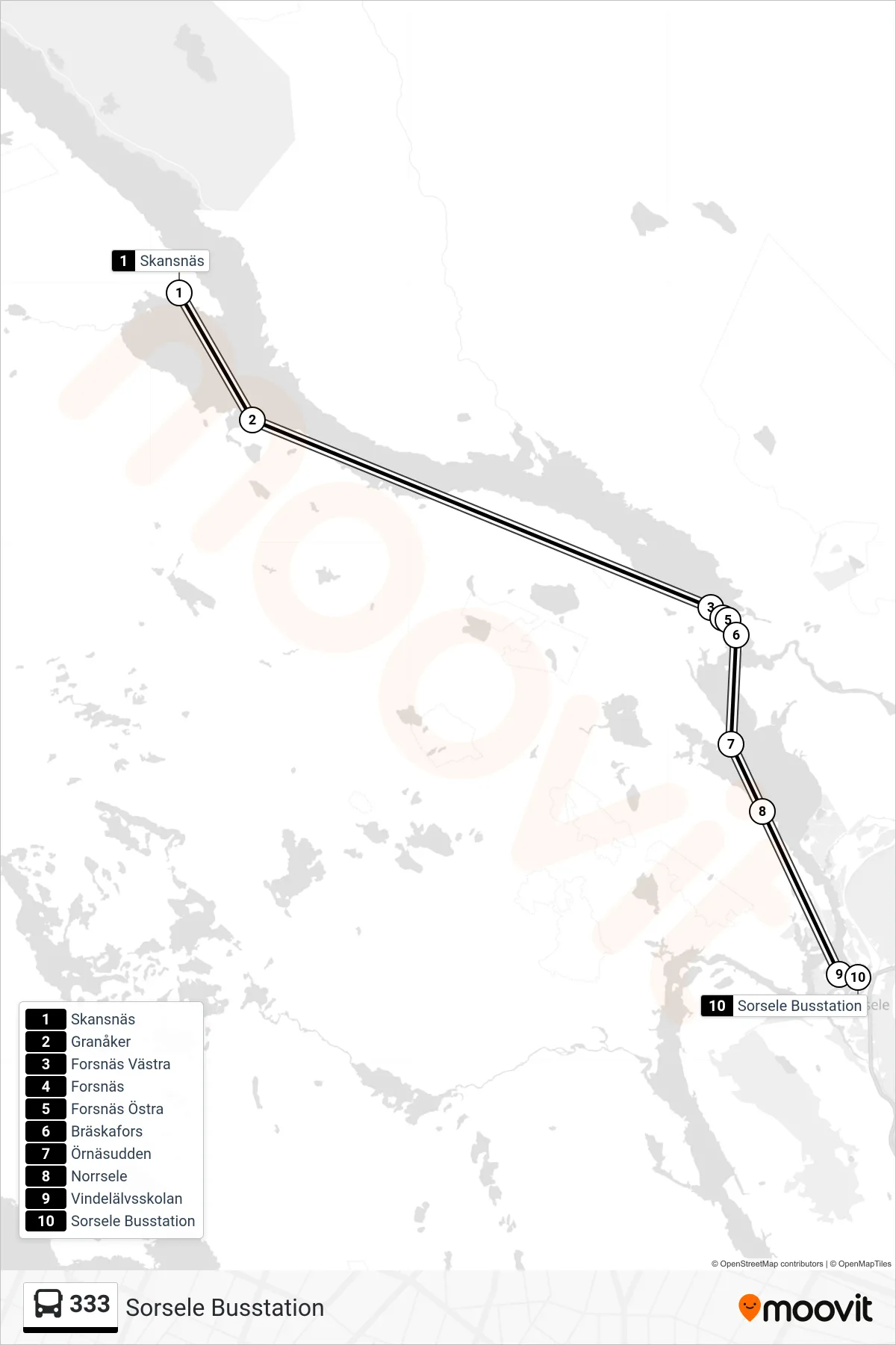 Rutt och hållplatser på karta för linje 333 spårvagn, (Sorsele Busstation)