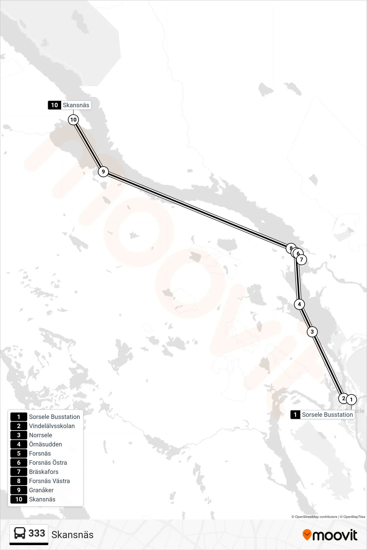 Rutt och hållplatser på karta för linje 333 spårvagn, (Skansnäs)