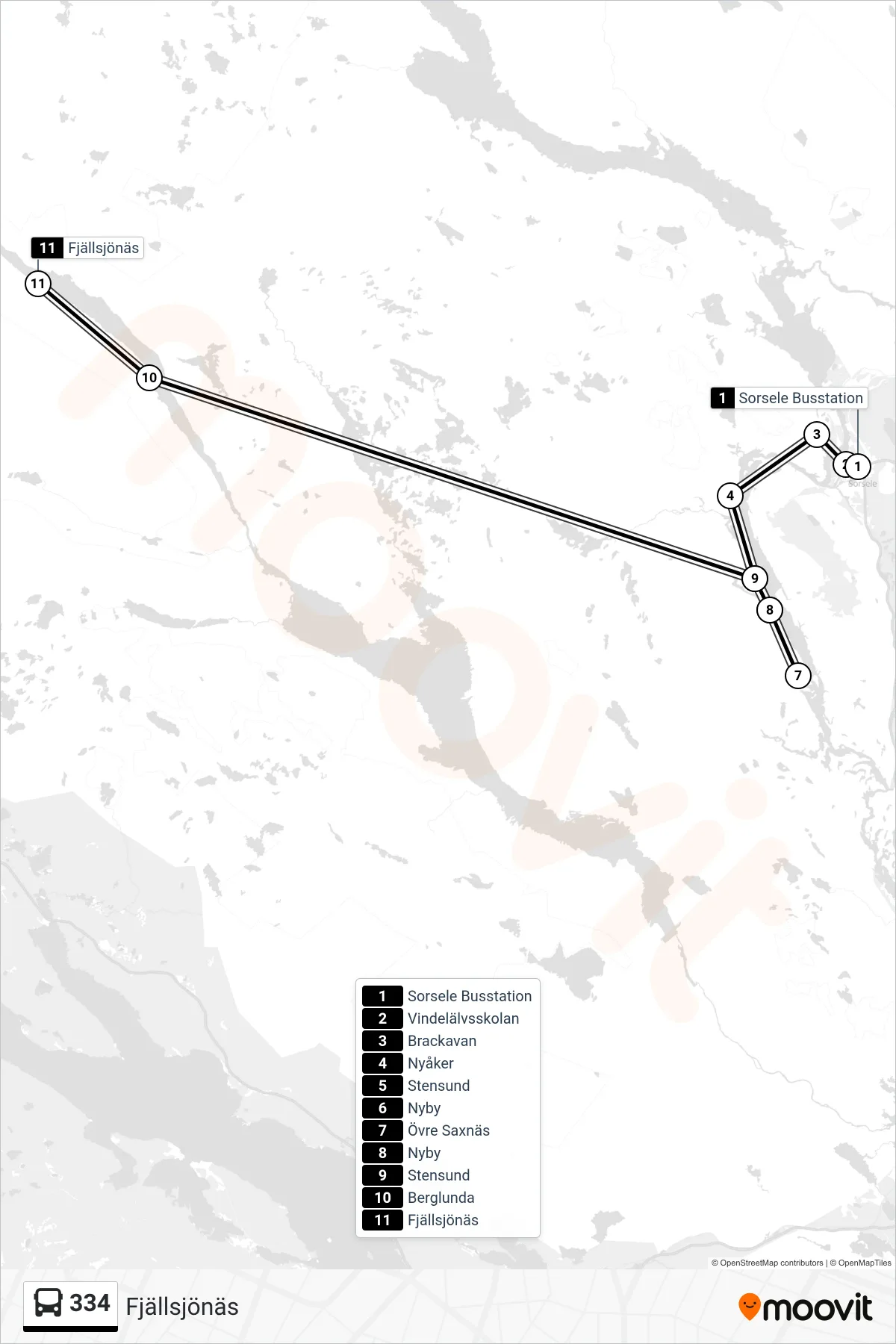 Rutt och hållplatser på karta för linje 334 spårvagn, (Fjällsjönäs)