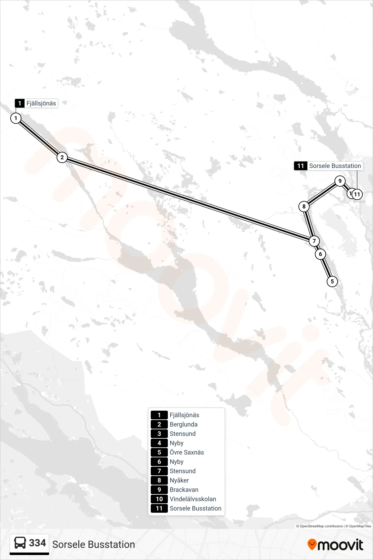 Rutt och hållplatser på karta för linje 334 spårvagn, (Sorsele Busstation)