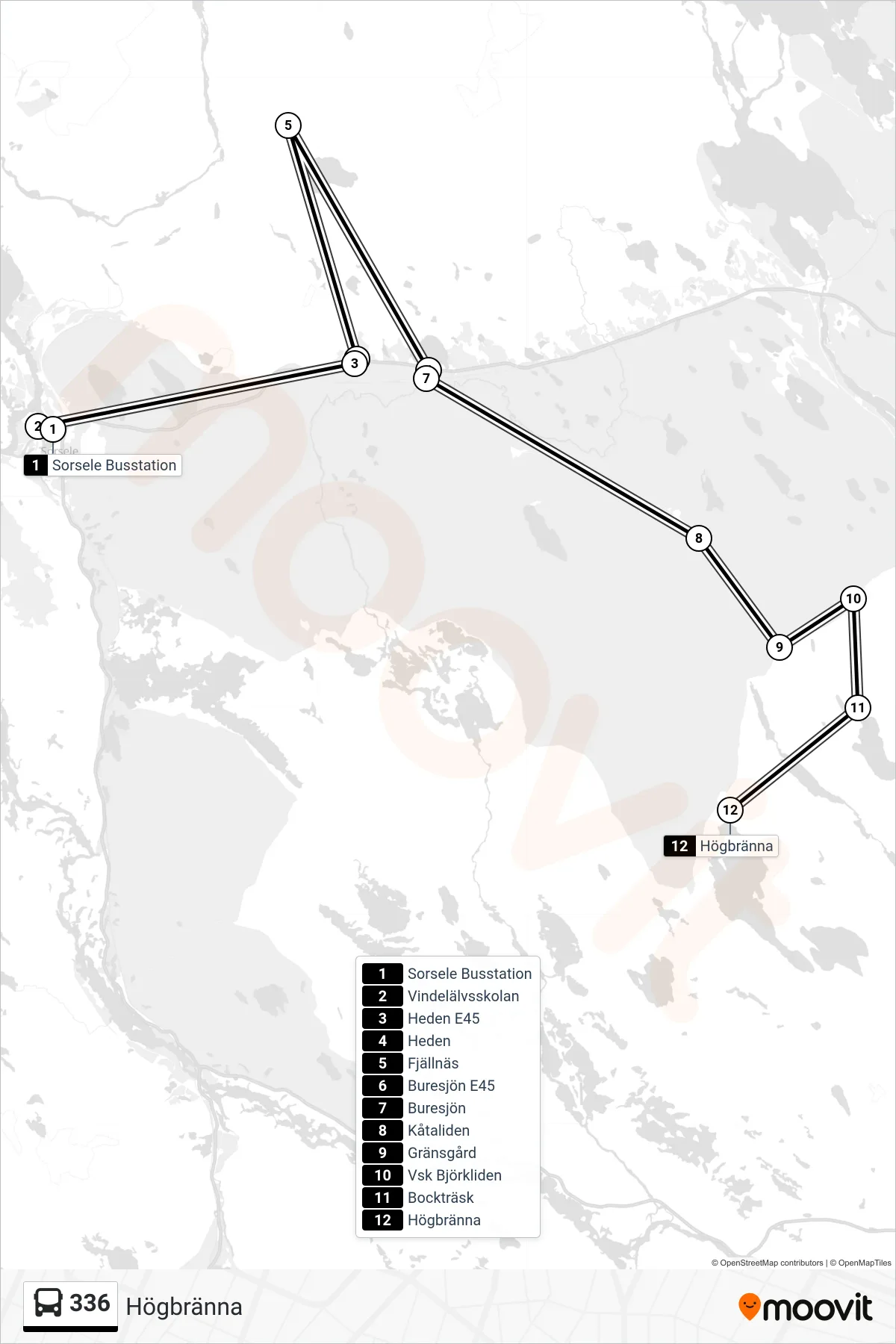Rutt och hållplatser på karta för linje 336 spårvagn, (Högbränna)