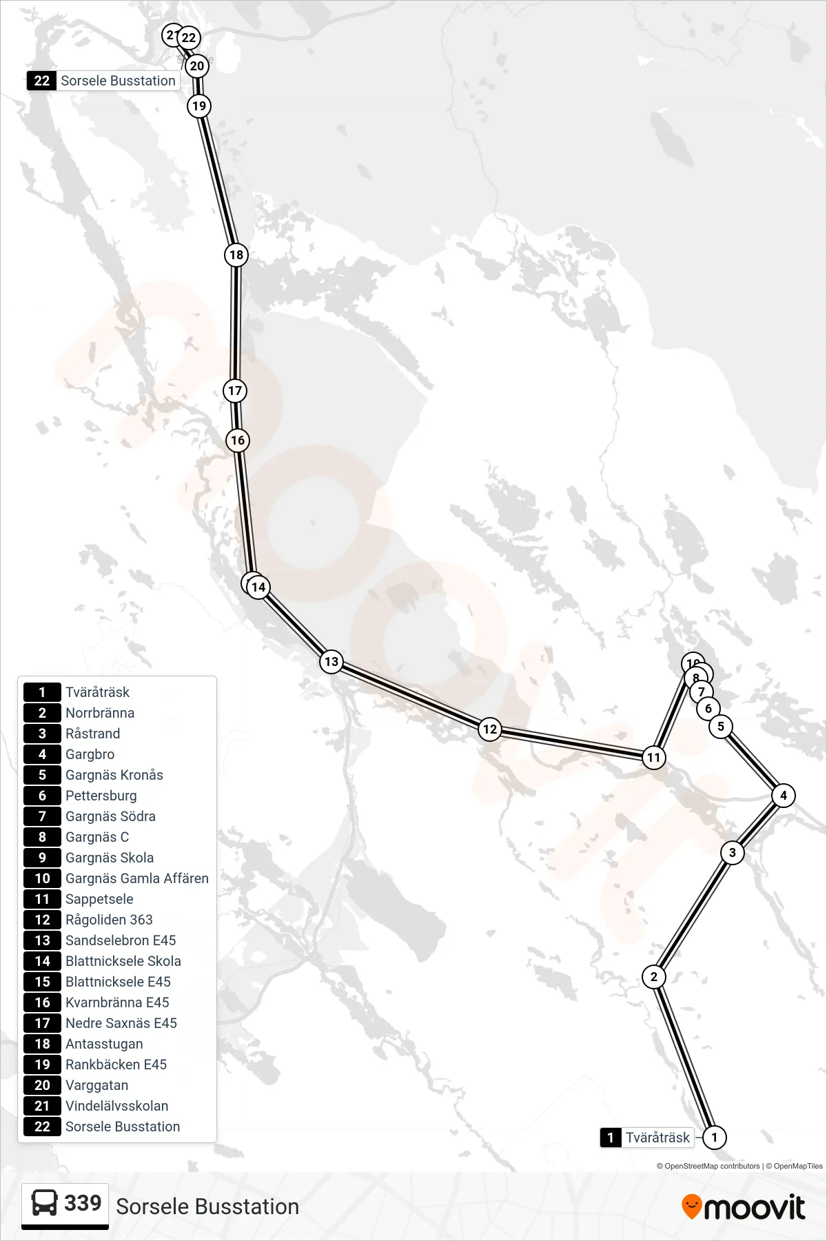 Rutt och hållplatser på karta för linje 339  spårvagn, (Sorsele Busstation)