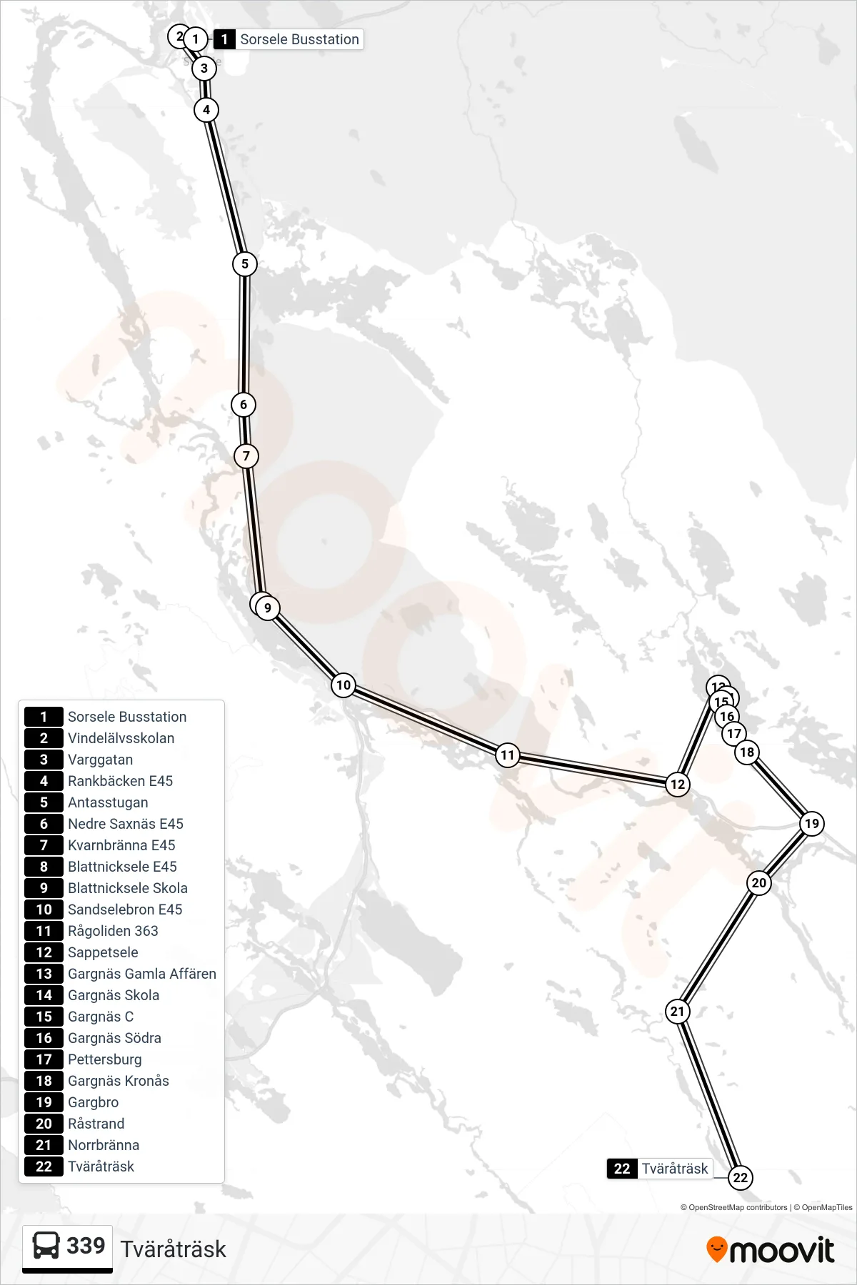 Rutt och hållplatser på karta för linje 339  spårvagn, (Tväråträsk)