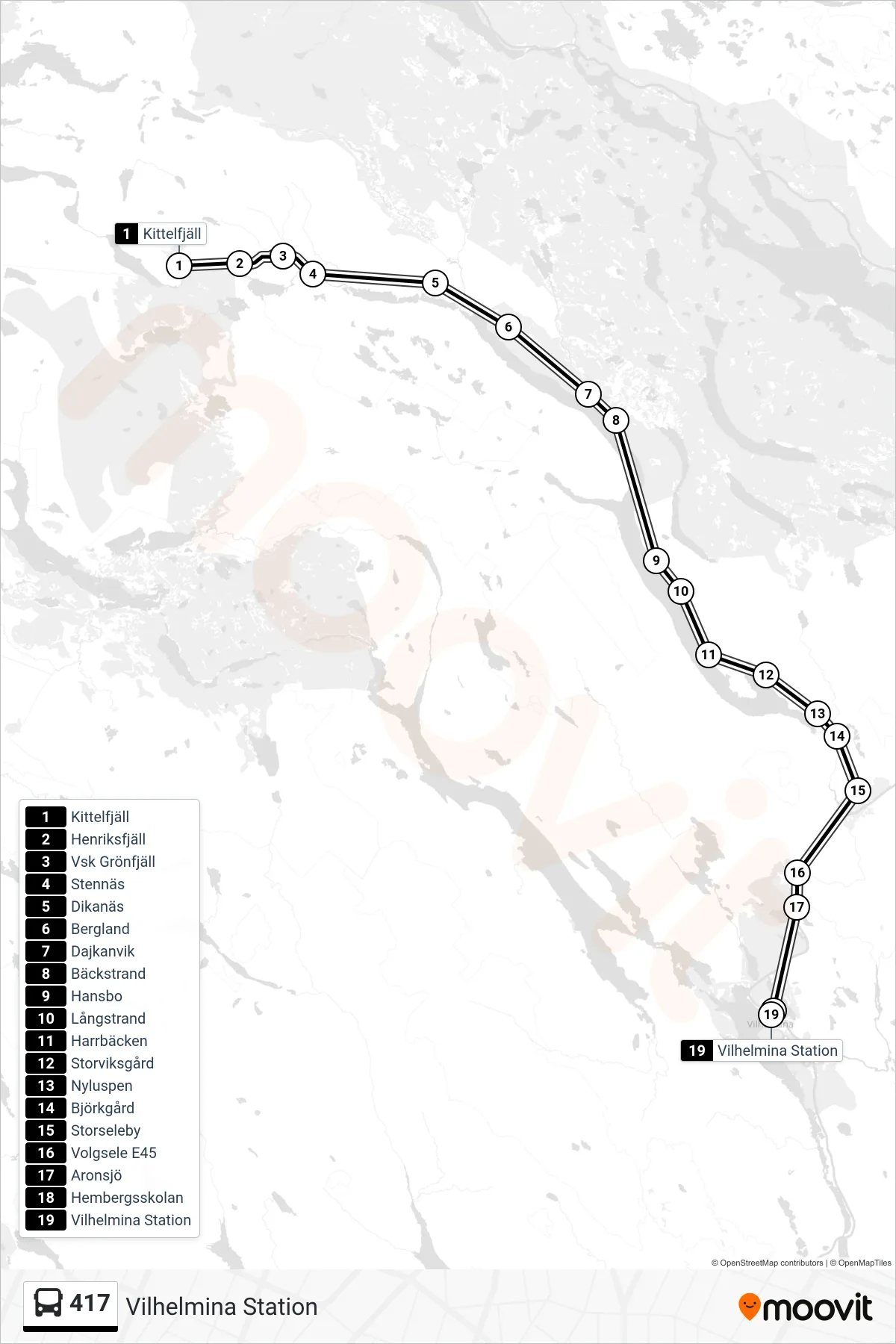 Rutt och hållplatser på karta för linje 417 spårvagn, (Vilhelmina Station)