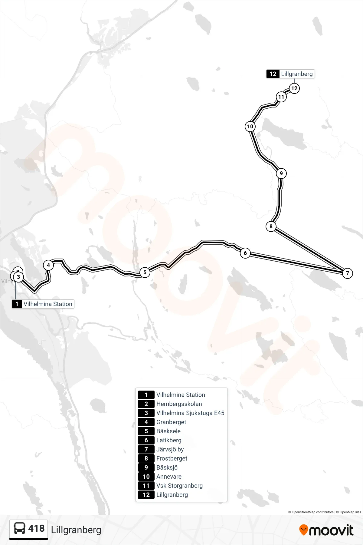 Rutt och hållplatser på karta för linje 418  spårvagn, (Lillgranberg)