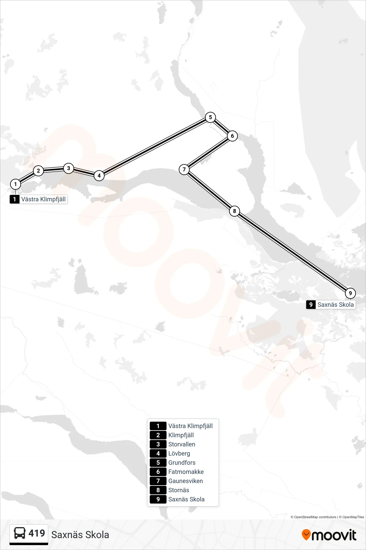 Rutt och hållplatser på karta för linje 419 spårvagn, (Saxnäs Skola)
