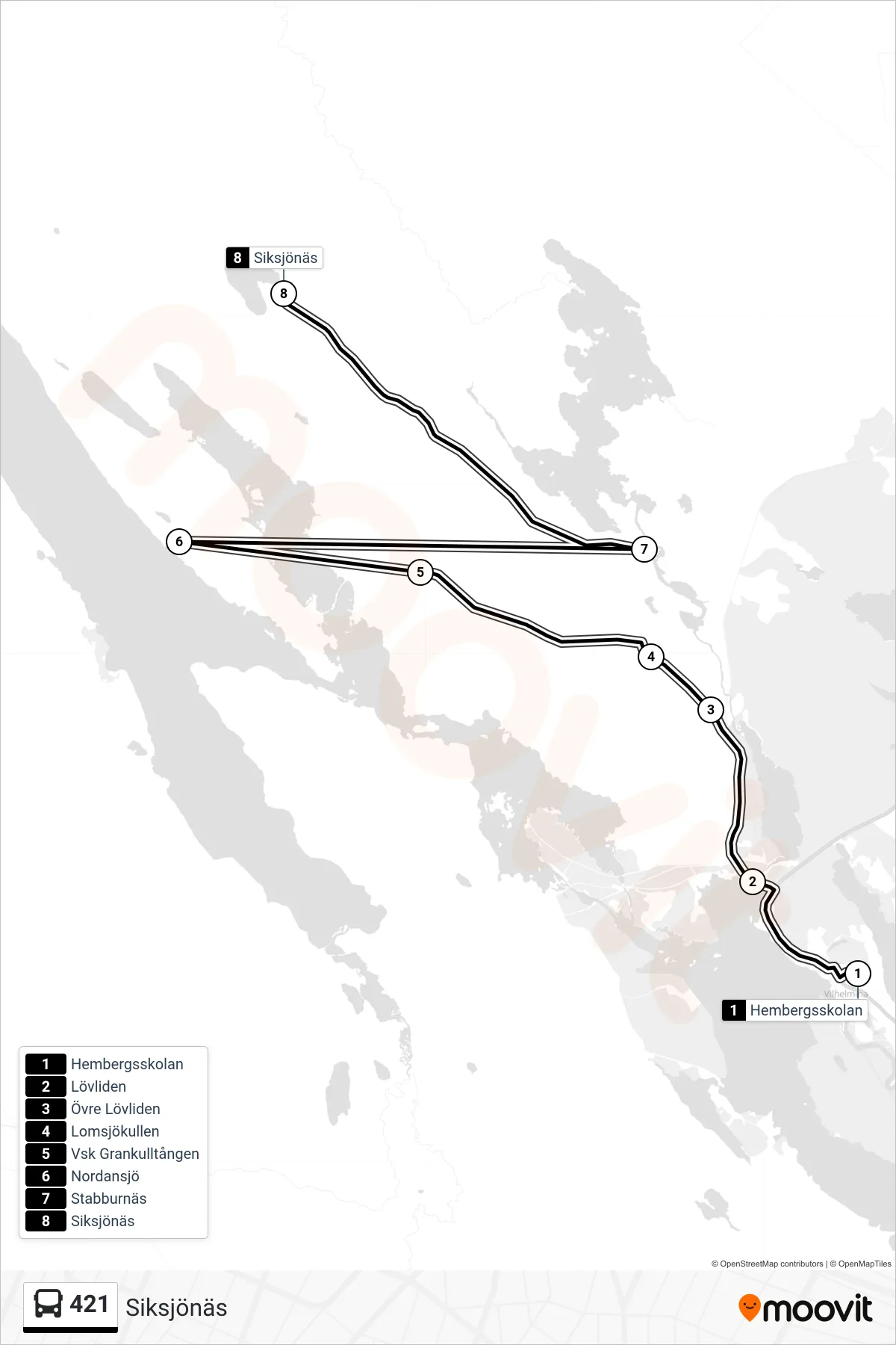 Rutt och hållplatser på karta för linje 421  spårvagn, (Siksjönäs)