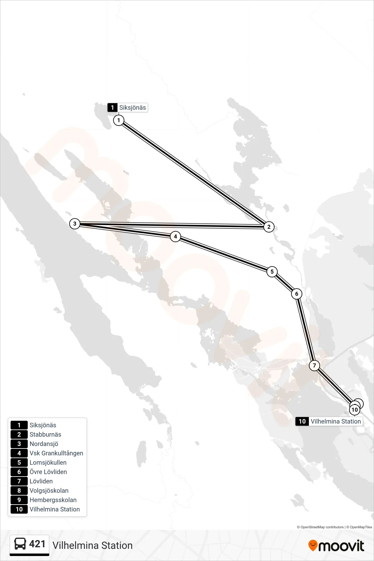 Rutt och hållplatser på karta för linje 421 spårvagn, (Vilhelmina Station)