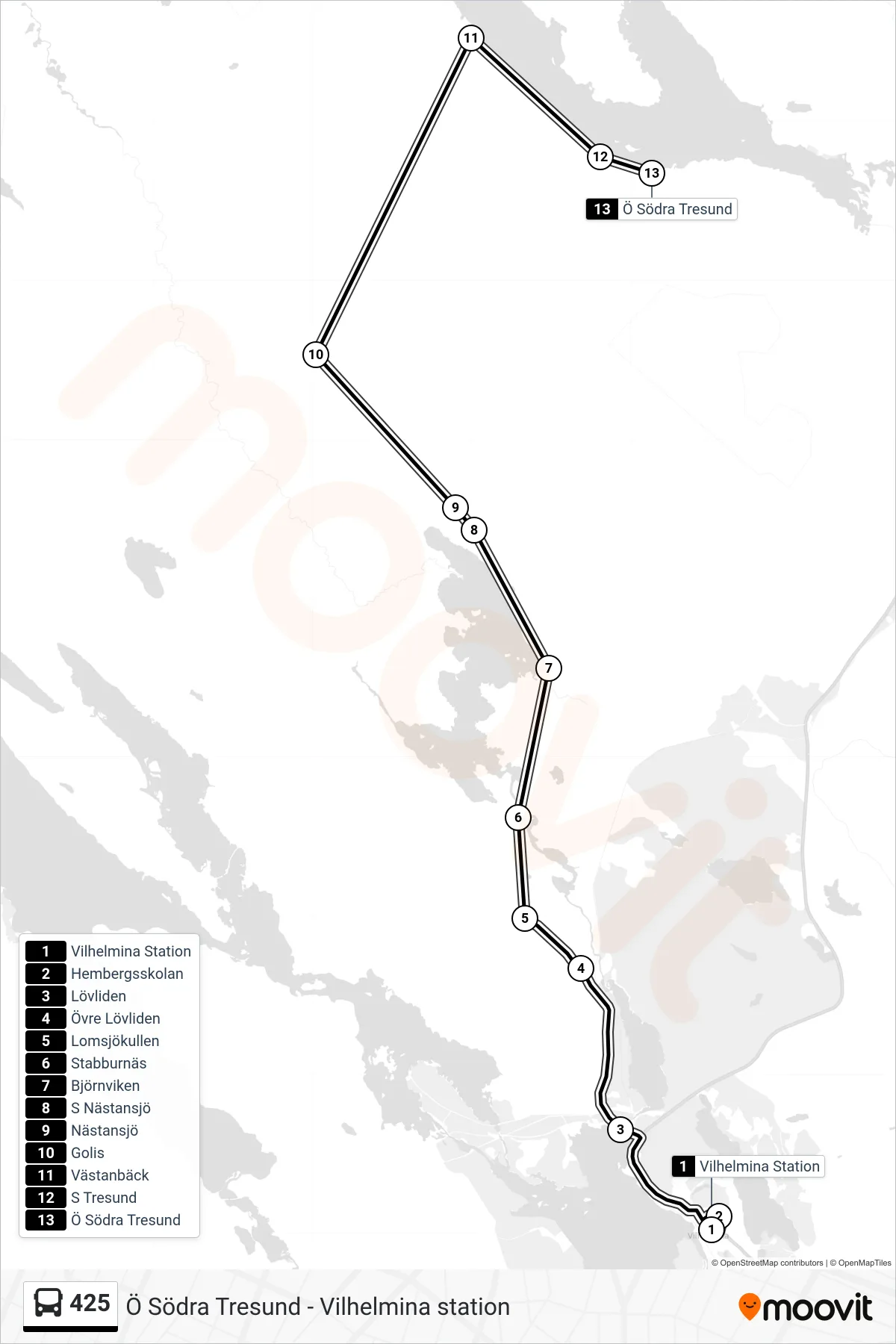Rutt och hållplatser på karta för linje 425 spårvagn, (Ö Södra Tresund)