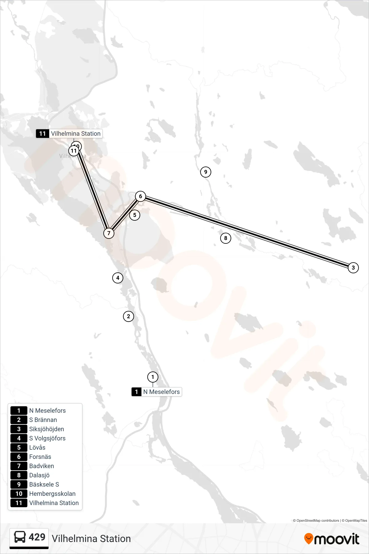 Rutt och hållplatser på karta för linje 429  spårvagn, (Vilhelmina Station)