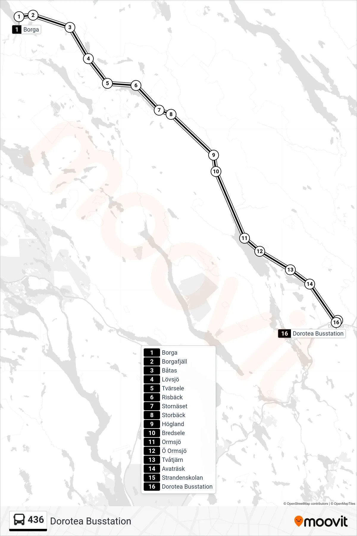 Rutt och hållplatser på karta för linje 436 spårvagn, (Dorotea Busstation)