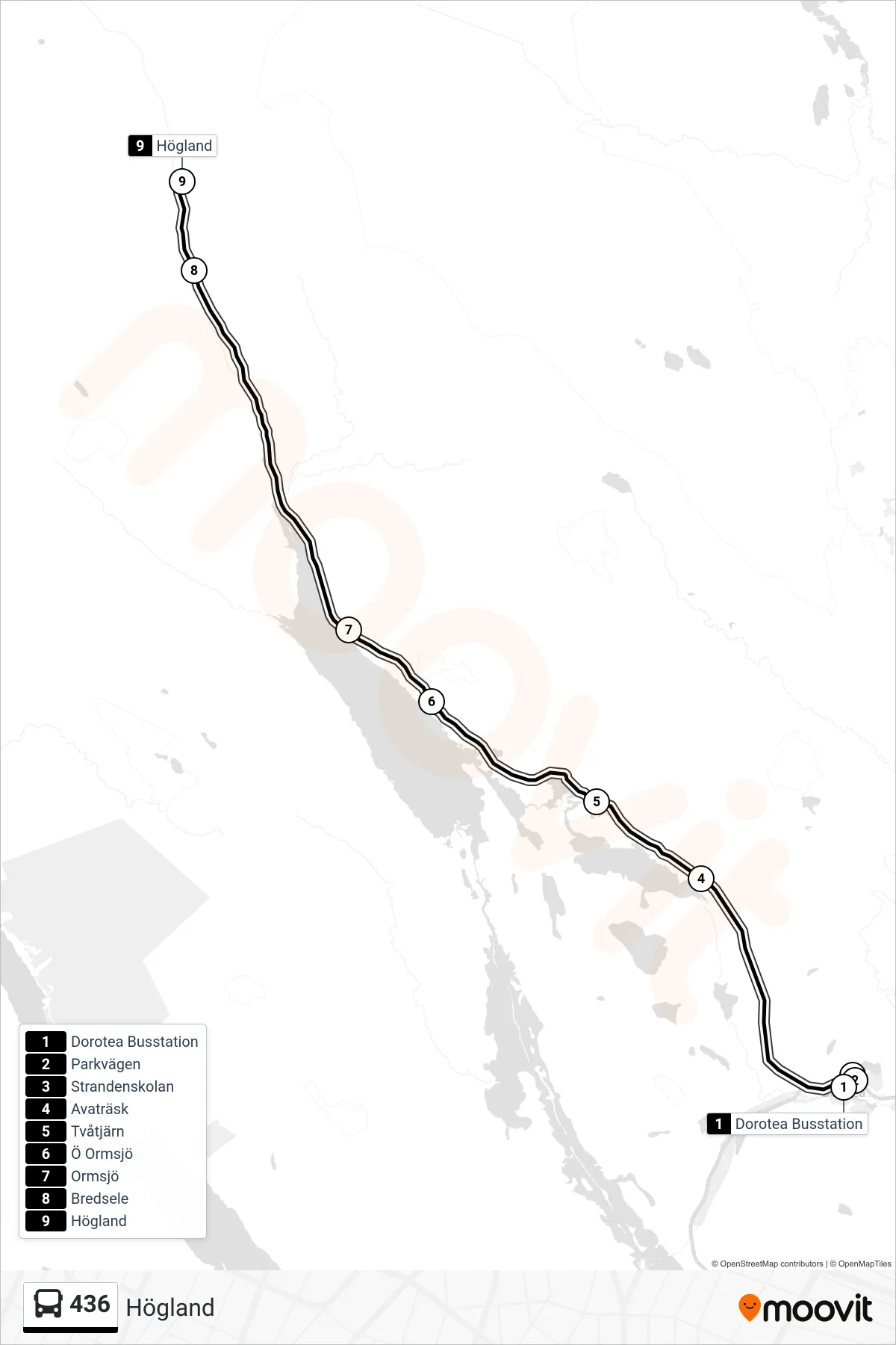 Rutt och hållplatser på karta för linje 436 spårvagn, (Högland)