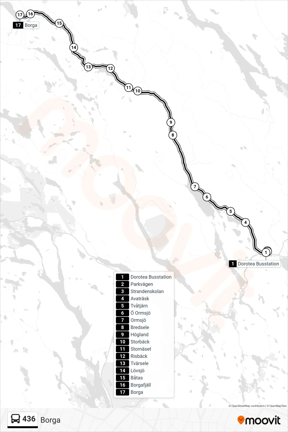 Rutt och hållplatser på karta för linje 436  spårvagn, (Borga)