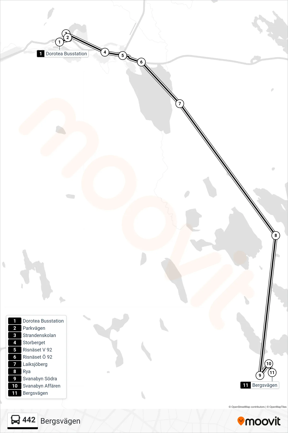 Rutt och hållplatser på karta för linje 442  spårvagn, (Bergsvägen)
