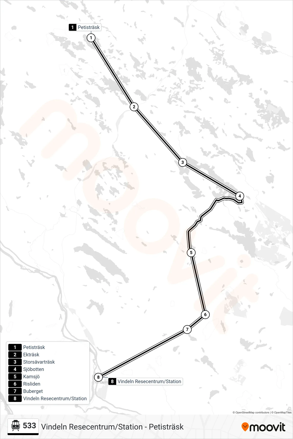 Rutt och hållplatser på karta för linje 533 spårvagn, (Vindeln Resecentrum/Station)