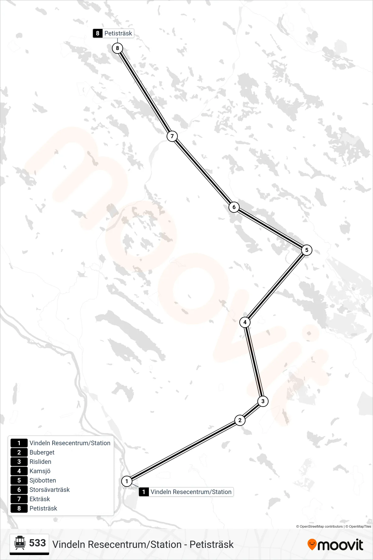 Rutt och hållplatser på karta för linje 533 spårvagn, (Petisträsk)